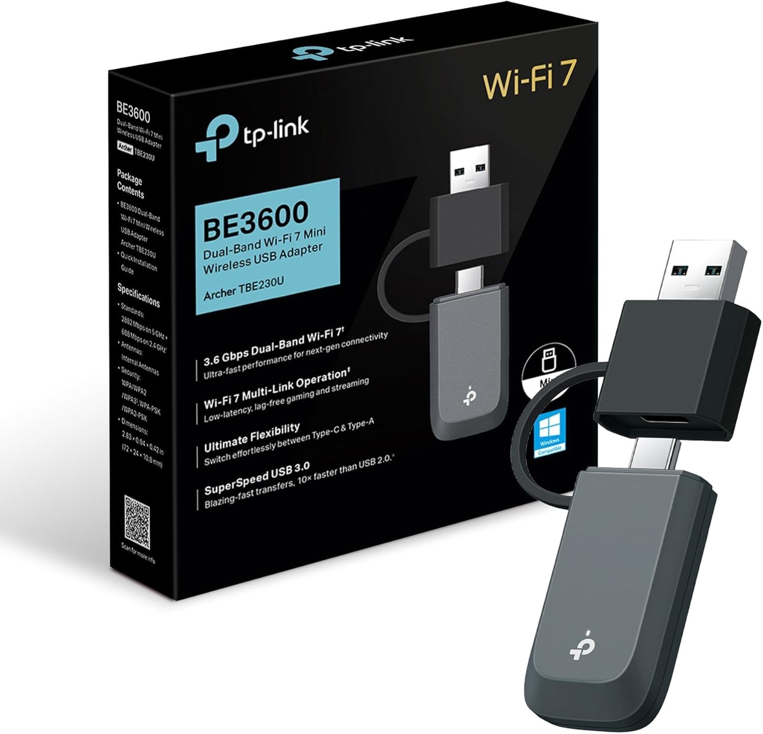 TP-Link Archer TBE230U WiFi 7 Dual-Band BE3600Mbps, karta sieciowa Nano USB, MLO, Plug & Play, elastyczność USB Type-C/A, USB 3.0, WPA3, kompatybilny z Windows 11/10
