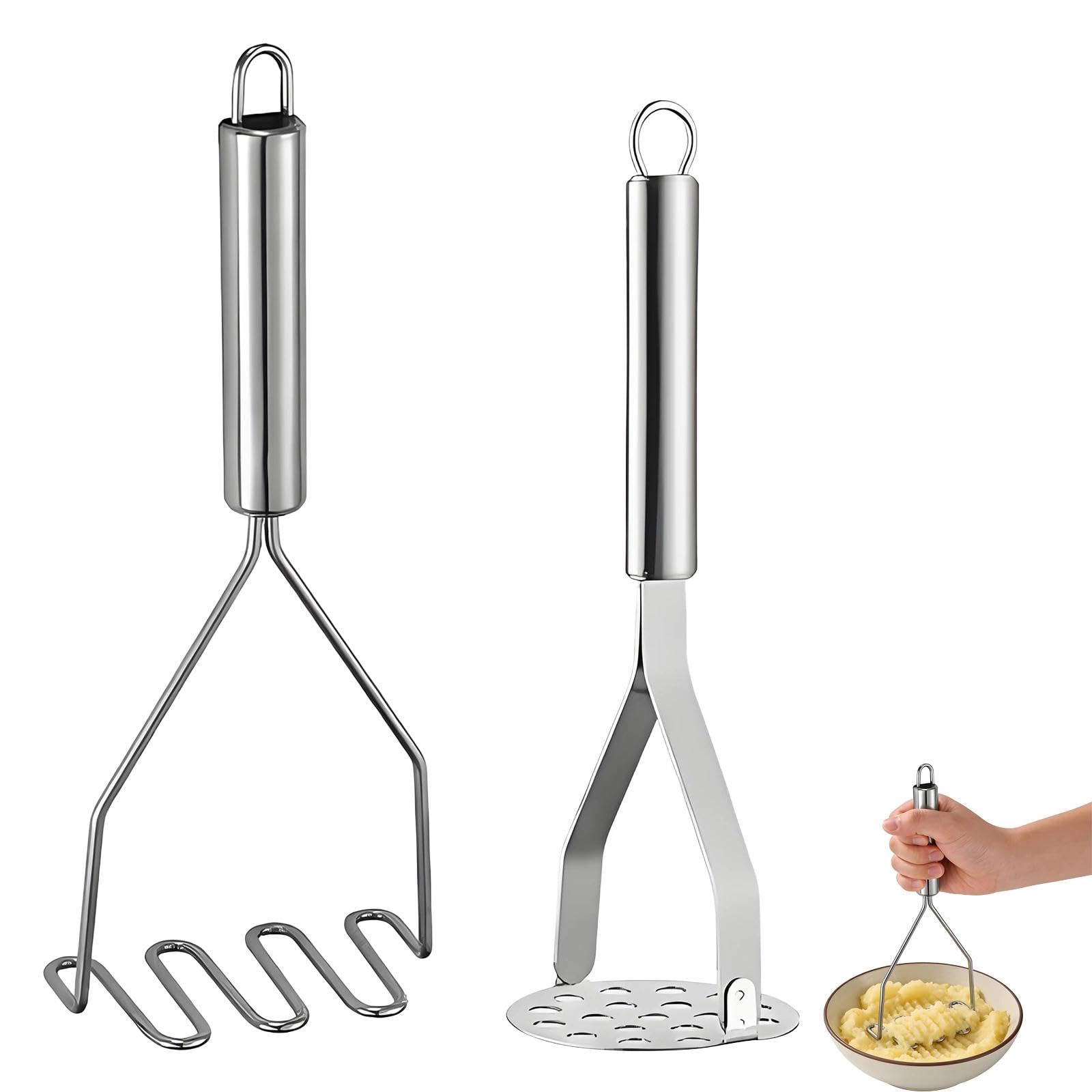 2 Pcs Stainless Steel Potato Masher, Heavy Duty Dual-Purpose Kitchen Mashing Tool, Easy Clean Durable Food Masher for Potatoes, Avocado, Beans, Fruits, Vegetables, Baby Food and Homemade Guacamole