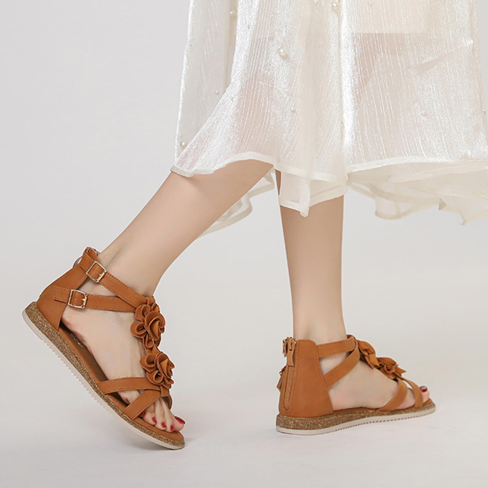 Sandalias boho mujer sandalias romanas planas mujer sandalias florales mujer tiras cruzadas tobillo cremallera trasera punta abierta playa caminar vacaciones viaje mar