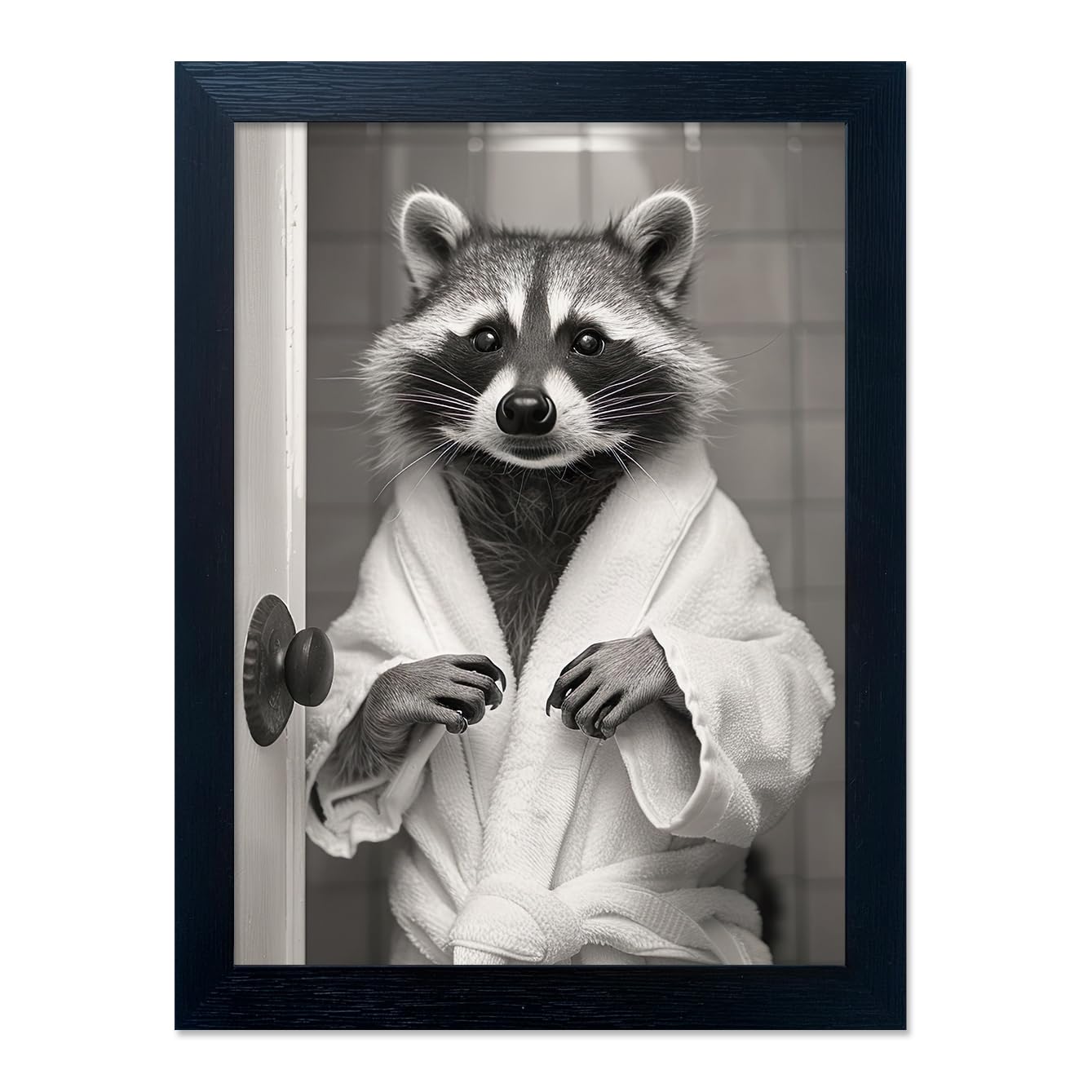 Black And White Raccoon Bathroom Decor Wall Art Funny Wall Decor Cute Animal Picture Canvas Art Framed Farmhouse Raccoon Bathrobe Painting Restroom