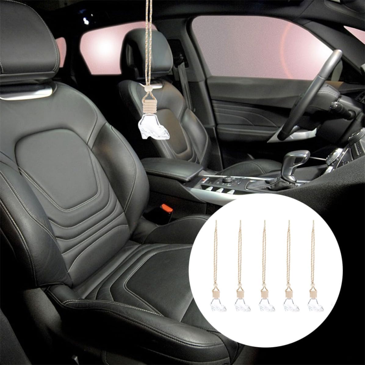 5pcs 8ml Hanging High Heel Glass Bottles Car Air Freshener Diffusers with Wood Caps, Decorative Perfume Containers for Automotive Interior, Mental Clarity and Remove Odor
