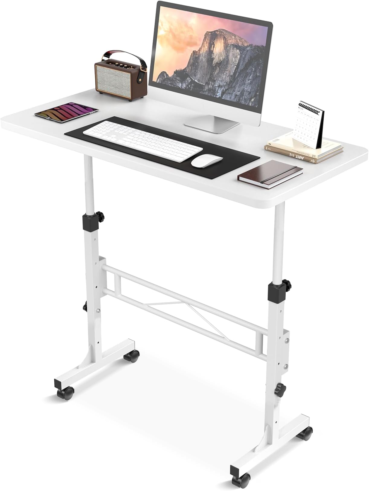 Amztabler Small Standing Desk Adjustable Height, Mobile Stand Up Desk with Wheels, 32 Inch Portable Rolling Desk Small Computer Desk, Portable Laptop Desk Standing Table Sit Stand White