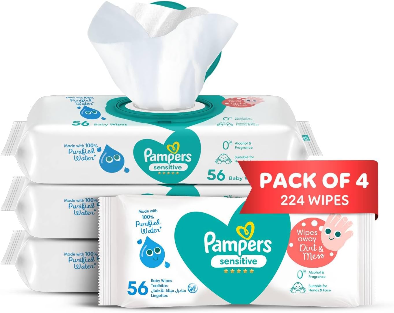 Sensitive Protect Baby Wipes with 100% Purified Water for Hands and Face, 4 Packs, 224 Count