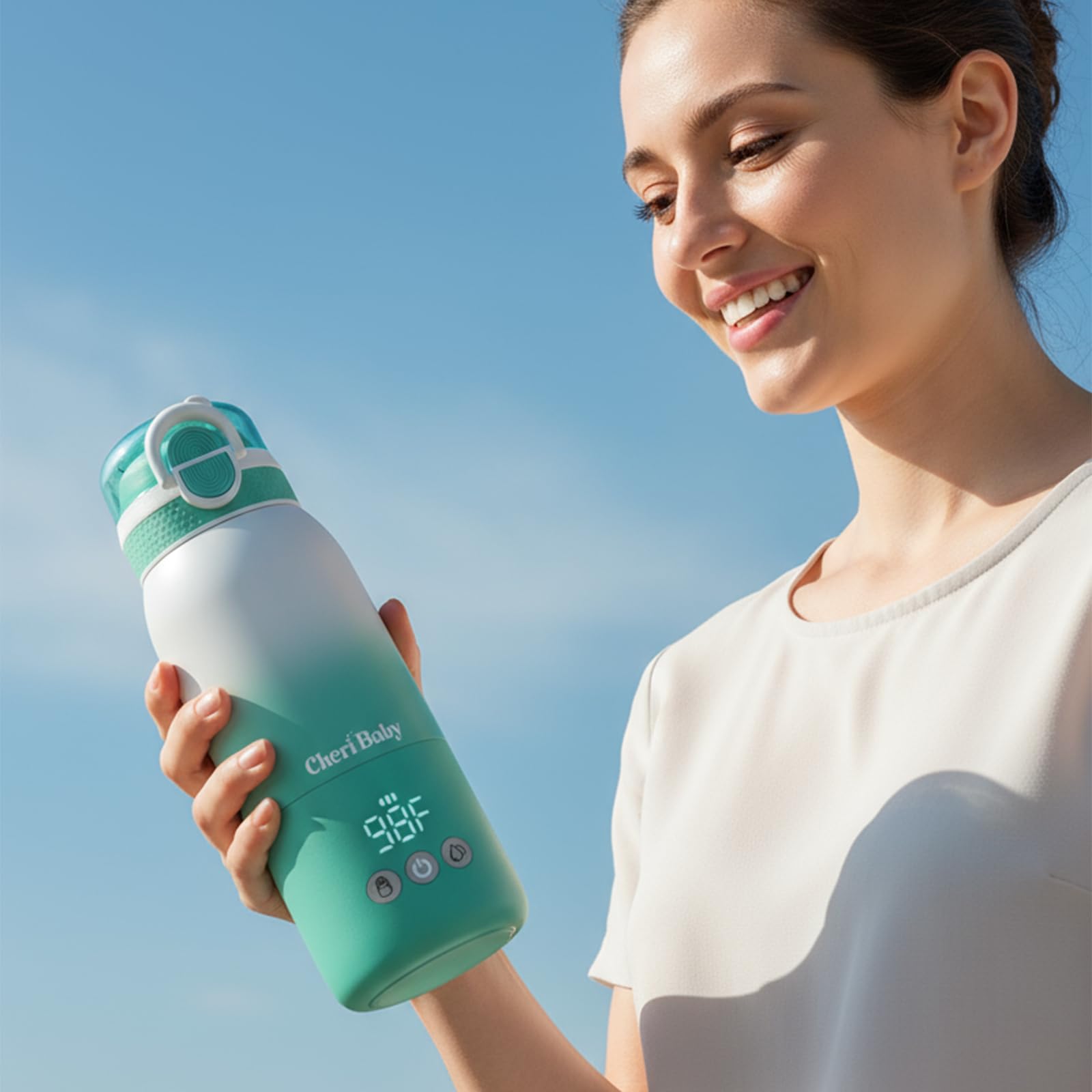 Tragbarer Flaschenwärmer unterwegs für Baby, Schnelles Aufheizen und Lange Akkulaufzeit 12000mAh, Zwei Heizmodi für Muttermilch und Wasser, 355ml Kapazität, Zusätzlicher Strohhalmdeckel den Ganzen Tag