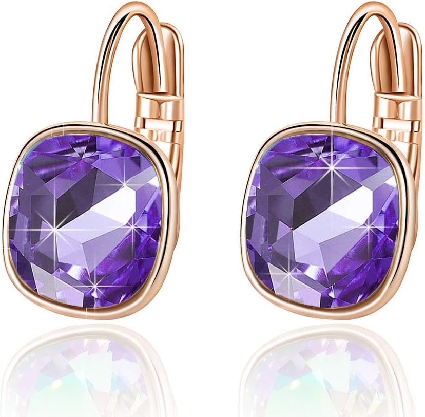 Austrian Crystal Square Cushion Drop Leverback Earrings for Women 14K Rose Gold Plated Hypoallergenic Jewelry