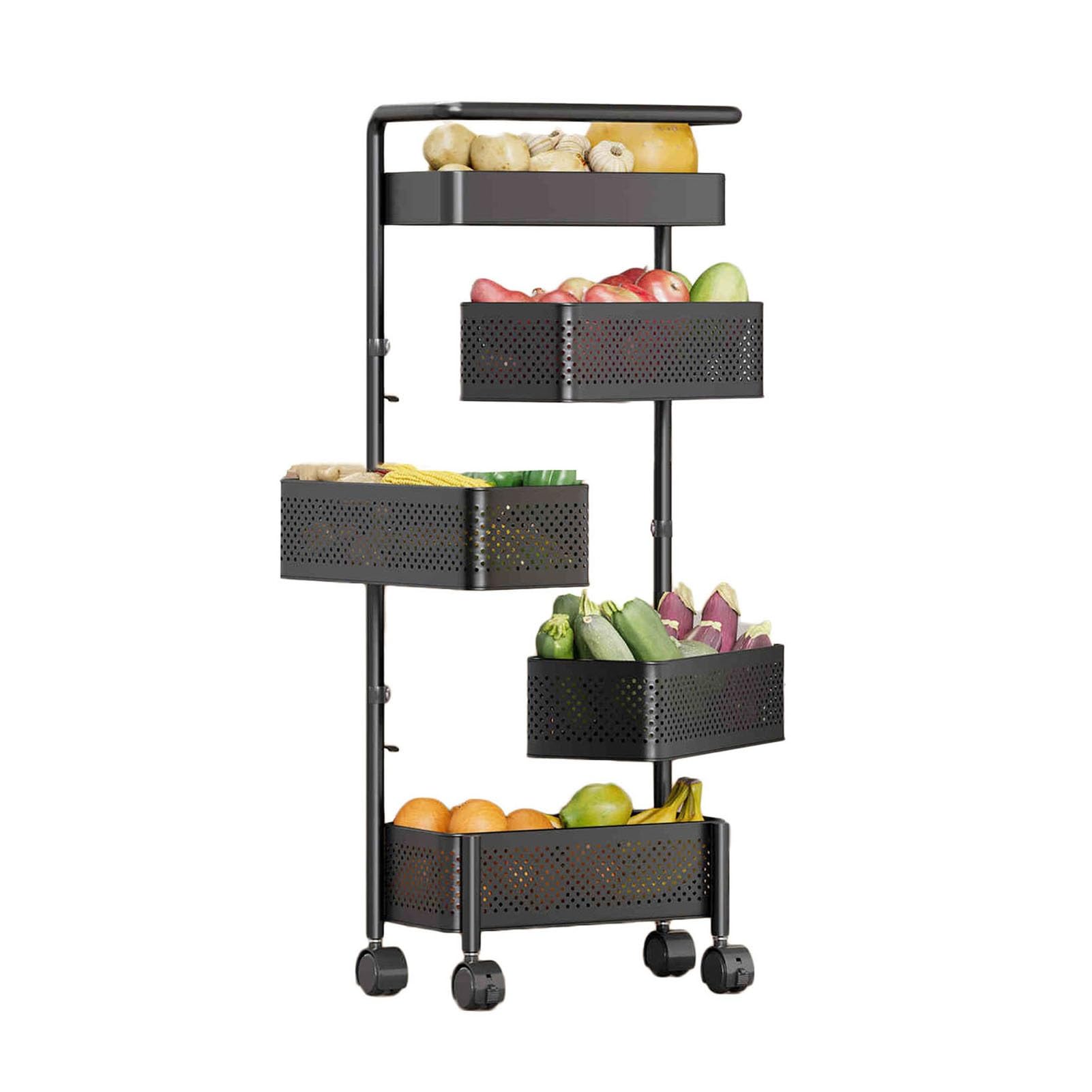 Estante giratorio de 5 niveles para frutas y verduras, cesta de cocina lavable color negro