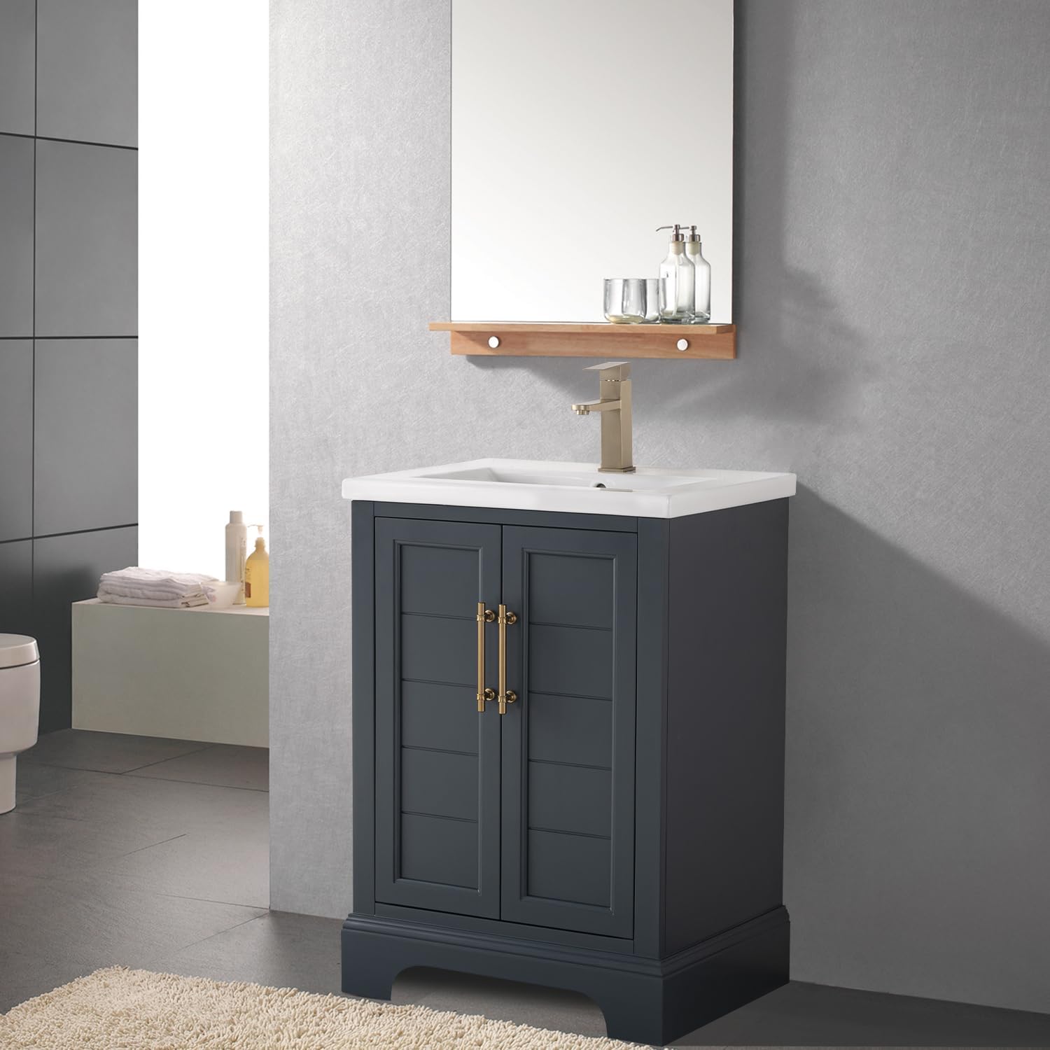 Vanity Art 24 Inch Single Bathroom Vanity in Silver Grey with Ceramic Sink and Top | Undermount Rectangular Cabinet Soft Closing Door, No Mirror VA5024-VSB