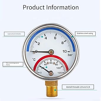 Brass Connected Dual Display Gauge 0-10 Bar Pressure 0-120 C Temperature for Underfloor Heating Manifold Inspection (1/4)