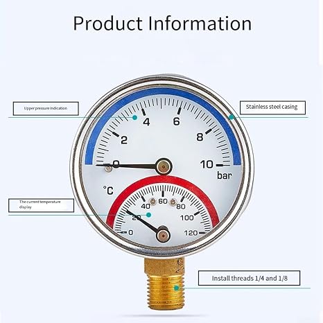 Brass Connected Dual Display Gauge 0-10 Bar Pressure 0-120 C Temperature for Underfloor Heating Manifold Inspection (1/4)