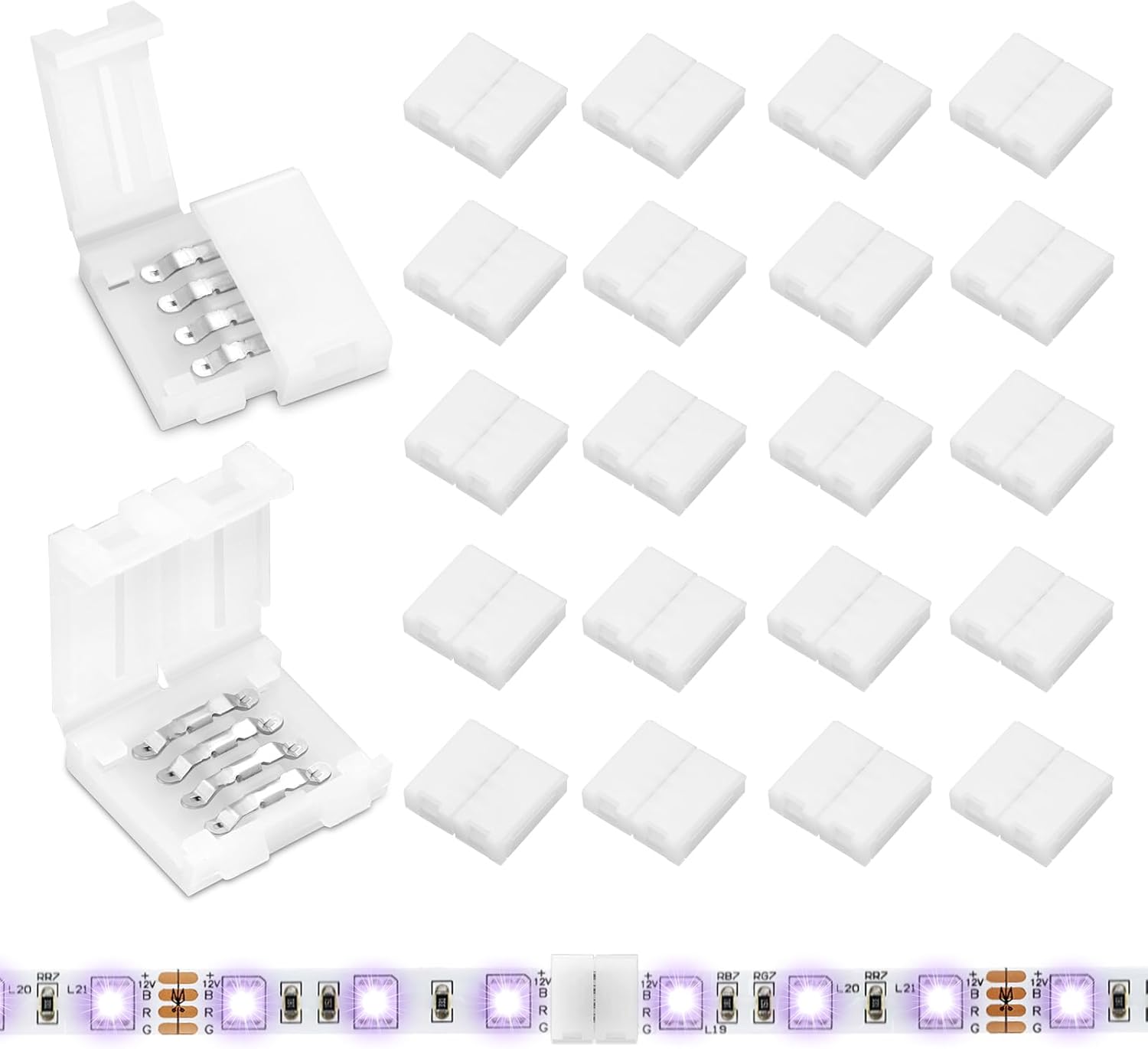 20Pcs 4 Pin LED Strip Connectors for 10mm Wide RGB LED Strip Lights, Solderless Unwired LED Light Connectors, Easily Extend or Splice SMD 5050 Multicolor Strips 10MM-4PIN