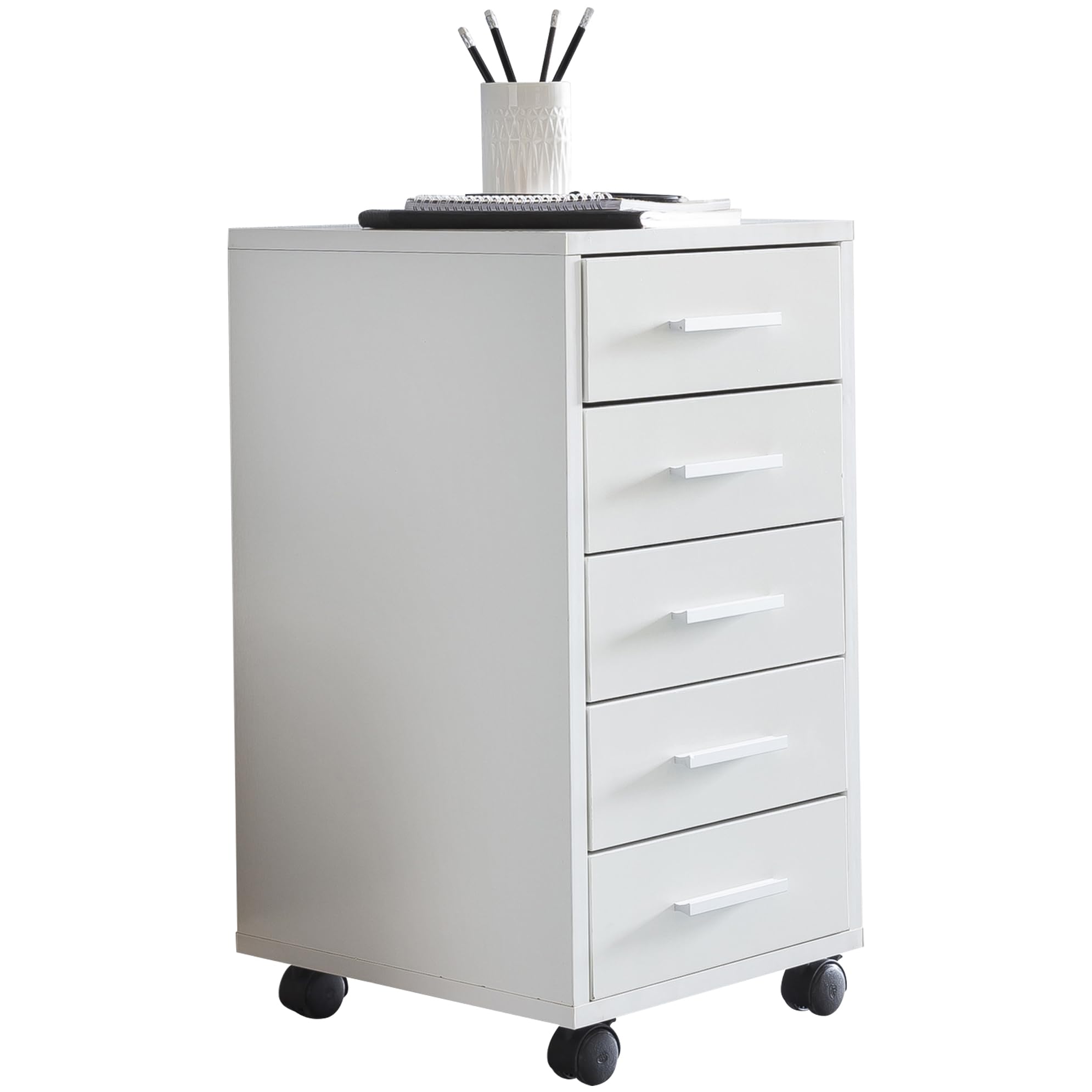 FineBuy Rollcontainer Weiß 33 x 63 x 38 cm Holz Schubladenschrank Schreibtisch, Büro Schrank mit 5 Schubladen, Container Rollschrank klein Standcontainer schmal, Schreibtischcontainer mit Rollen