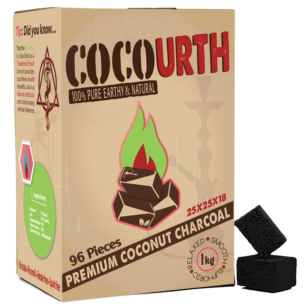 Natural Hookah Coconut Shell Charcoal Flat 25x25x18mm 96 PCS Electric Burner Briquettes Used Also for Cooking, Grilling, Barbecuing, Incense Narguile Coal (1kg)