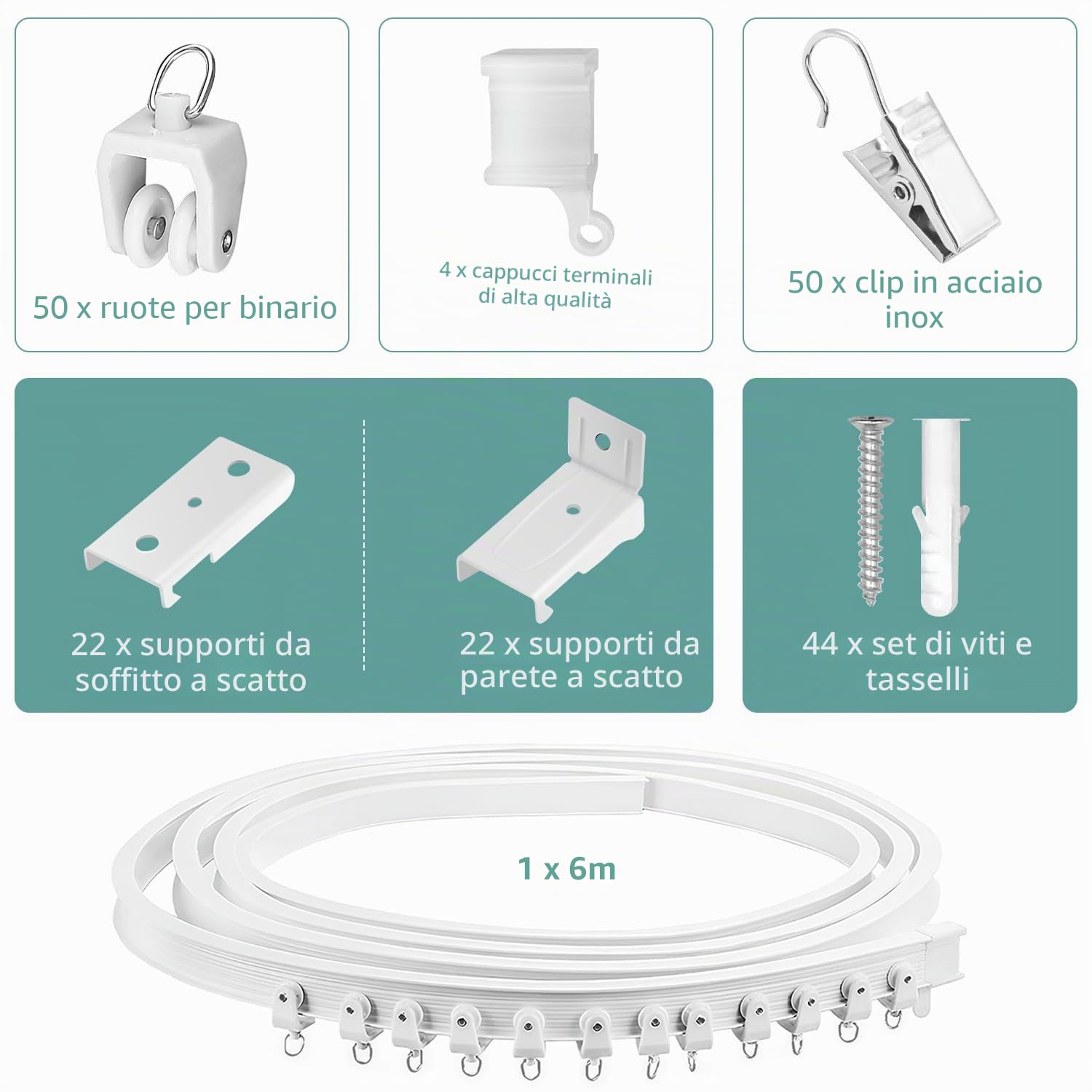 Binario pieghevole per tenda da soffitto, per finestra a golfo, 6 m, flessibile, curvo, montaggio a soffitto, montaggio a parete, in plastica resistente, sistema di binario per tende per divisorio,