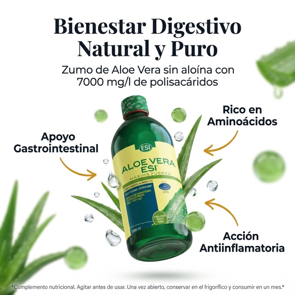 ESI Aloe Vera Gel Puro - Zumo sin aloína, natural con de polisacáridos - Sin gluten, sin lactosa, sin OGM - Apto para veganos - Botella PET con tapón dosificador