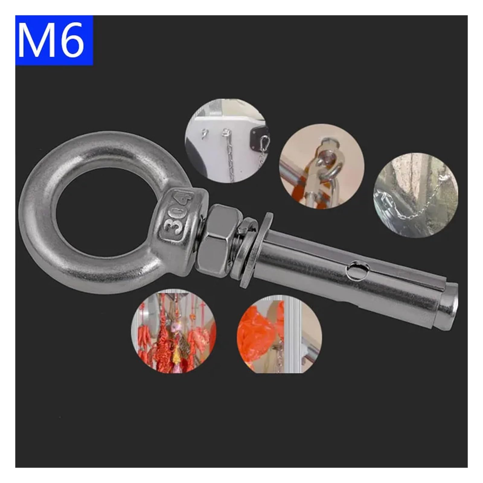 Pernos de ojo, Pernos de expansión de anclajes de manga de hormigón con ojo de elevación M6 304 SS A2-70, 50-100 mm(M6X60mm-10pcs)