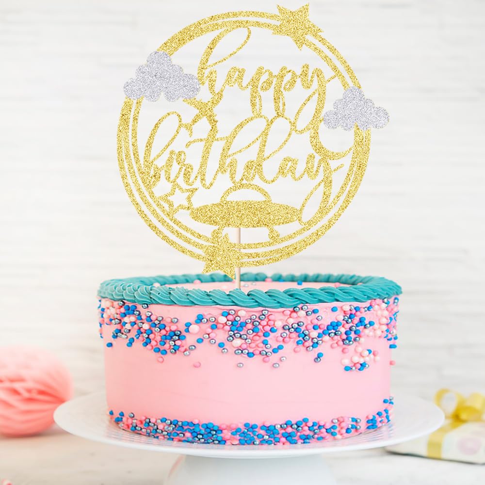 Happy Birthday Cake Toppers for Outer Space Theme Birthday Party Decorations, Baby Shower,Space Moon Landing Theme Party Decoration,Birthday Party Decoration Supplies Golden glitter