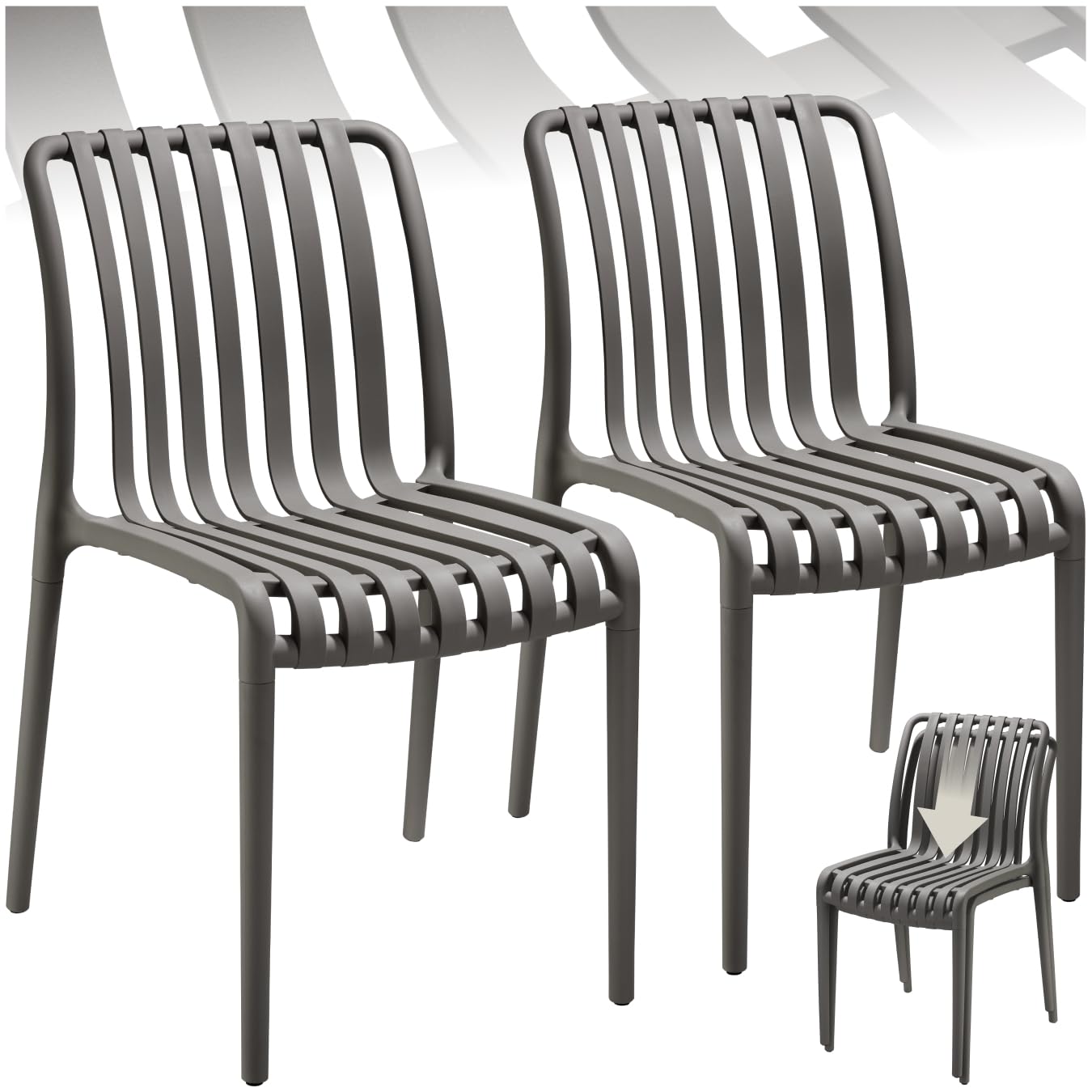 tectake® Set of 2 Garden Chairs in Light, Airy Design, Outdoor Chairs in Weather-Resistant Plastic with Slatted, Curved Seat, Stackable Garden Chair Set for Backyard, Patio, Balcony - Anthracite
