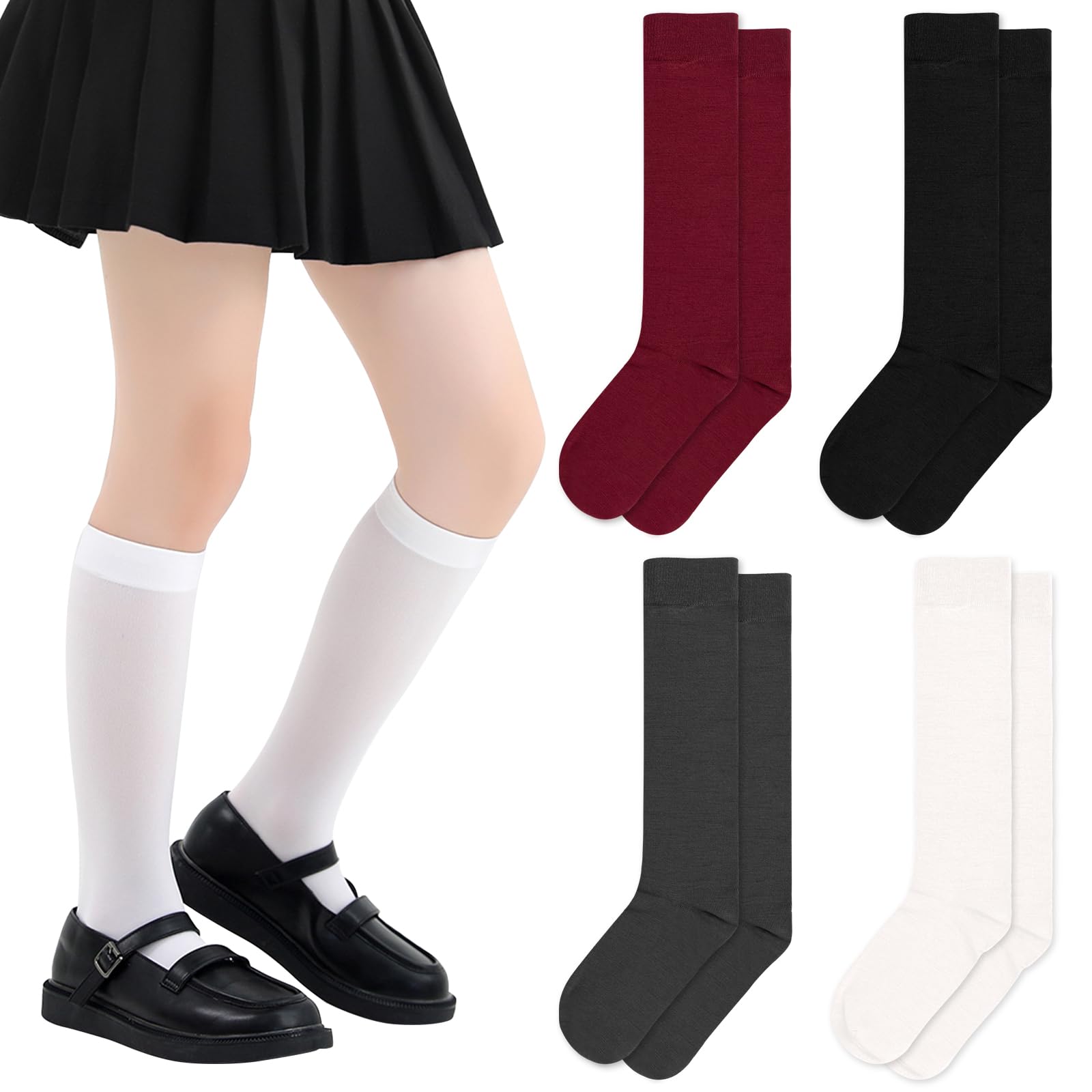 Fantasyon 4 Pares Calcetines Altos Escolares para Niñas, Colegio Escolares Medias Largos Altos Algodón para Uniforme y Deporte, Calcetines Altos Niños, Medias de Algodón para Mujer Unisex, Suave y Expandible