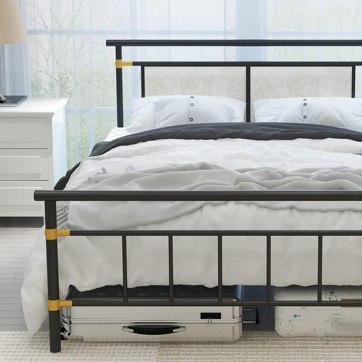 Side view of the Recaceik Full Metal Bed Frame showing the 10-inch under-bed clearance.