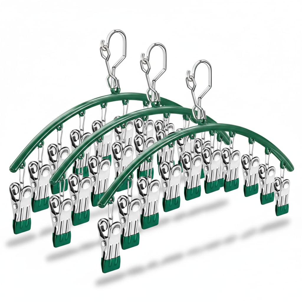 YQYQNT Stainless Steel Sock Hangers for Drying, 3 Pack Trouser Hangers with 10 Non-slip Clips, Clothes Drying Rack with Windproof Hook for Socks, Underwear, Towels, Bras (Green)