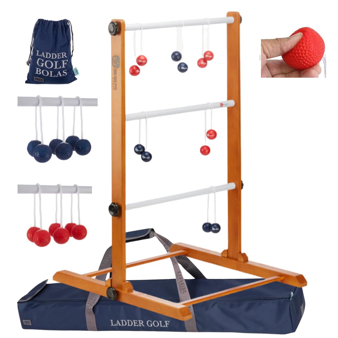 Uber Games Original 2024 Leitergolf Spiel - Profi Top Qualität Leiterspiel Wurfspiel - Jetzt Unzerbrechliche Stangen - Luxustaschen mit offizielle Soft Bolas (Blau und rot)