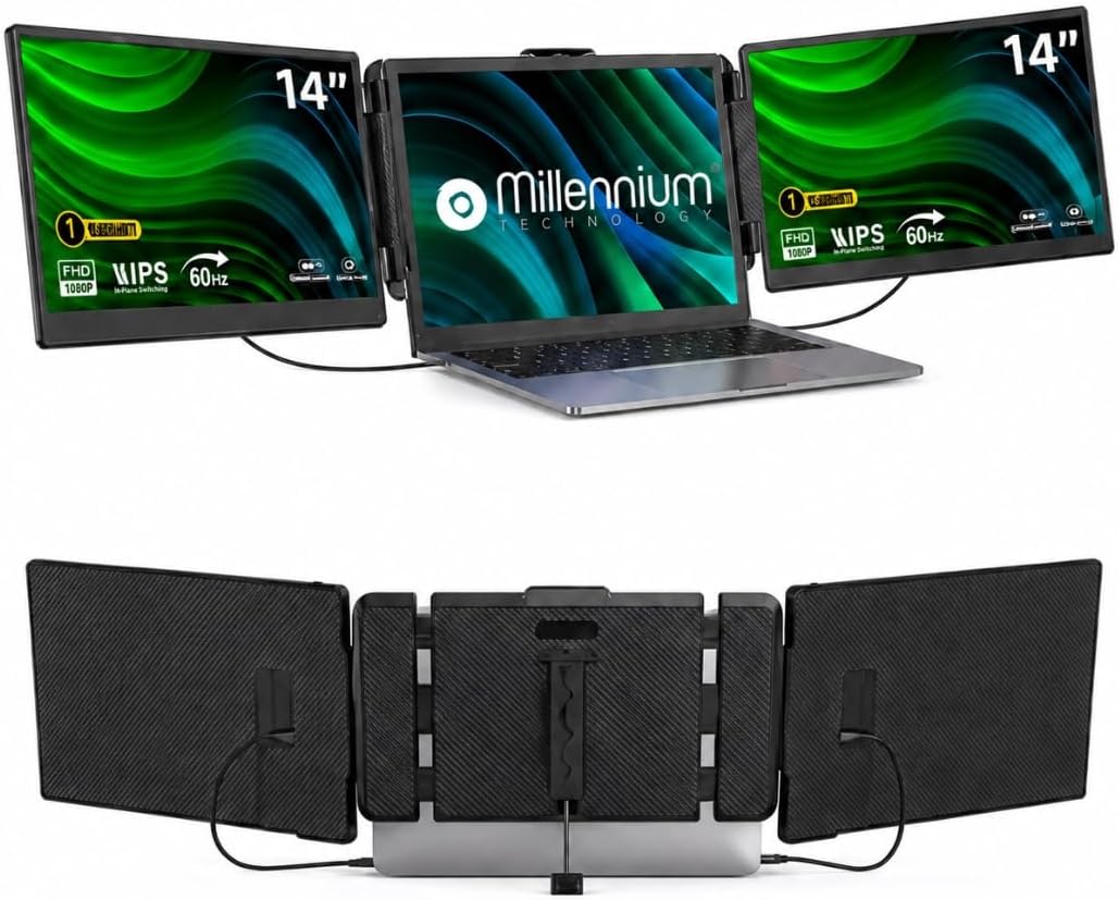 14" Tri-Screen Portable Monitor for Laptop, External Monitor USB-C Screen Extender, Windows & Mac, Trading Setup (14, Inches)