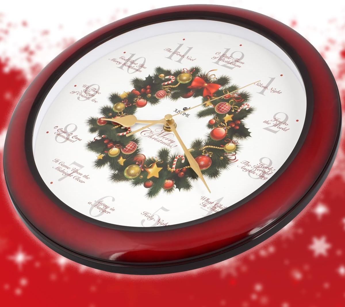 JUSTIME 14-inch Round Christmas Musical Wreath Melody Wall Clock in Red