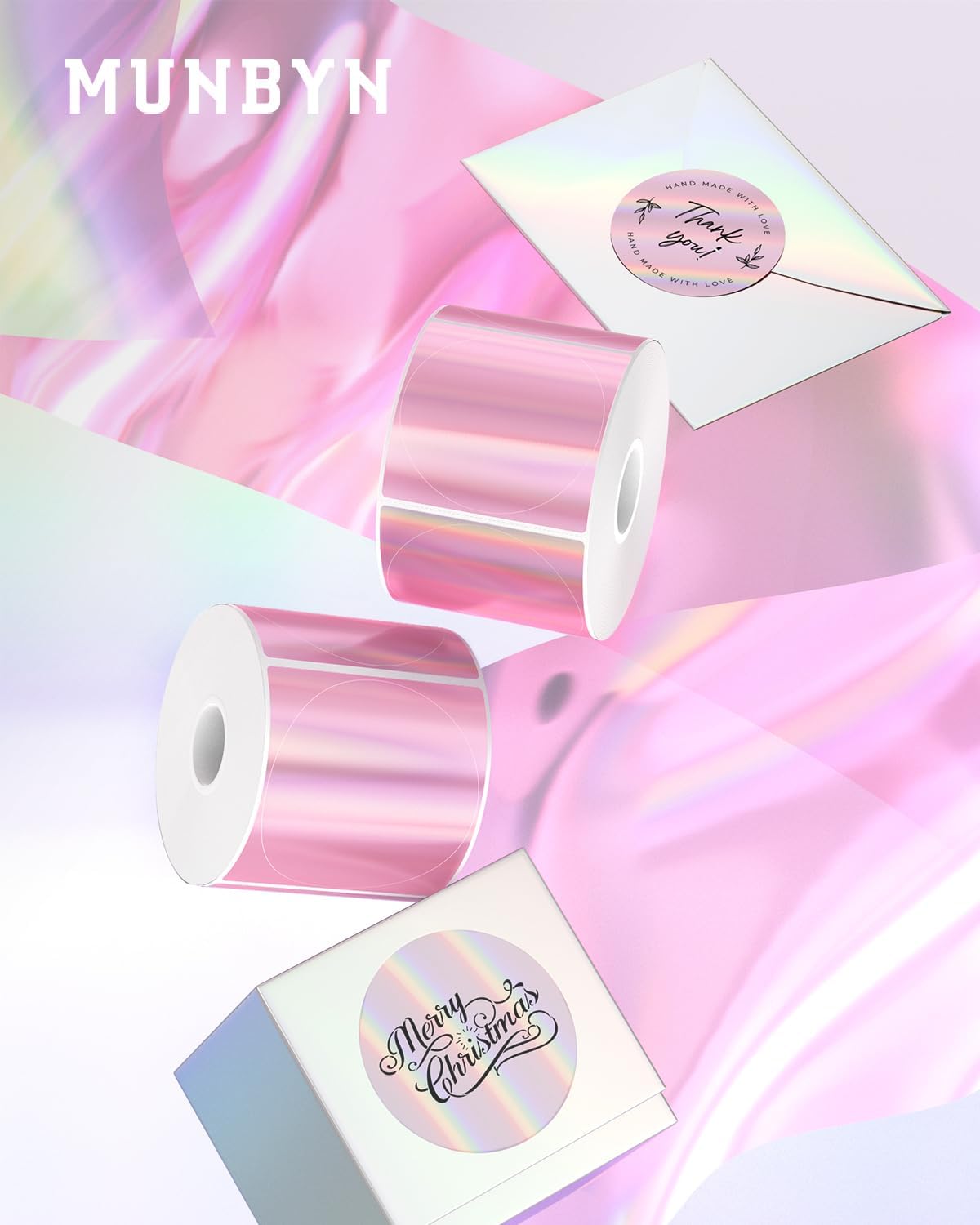MUNBYN 2" Circle Holographic Thermal Label Stickers Pink, Round Printable Rainbow Glitter Thermal Printer Sticker Labels for Gift Wrapping, Self-Adhesive Name Price Tag DIY Custom Logo Design - Image 2