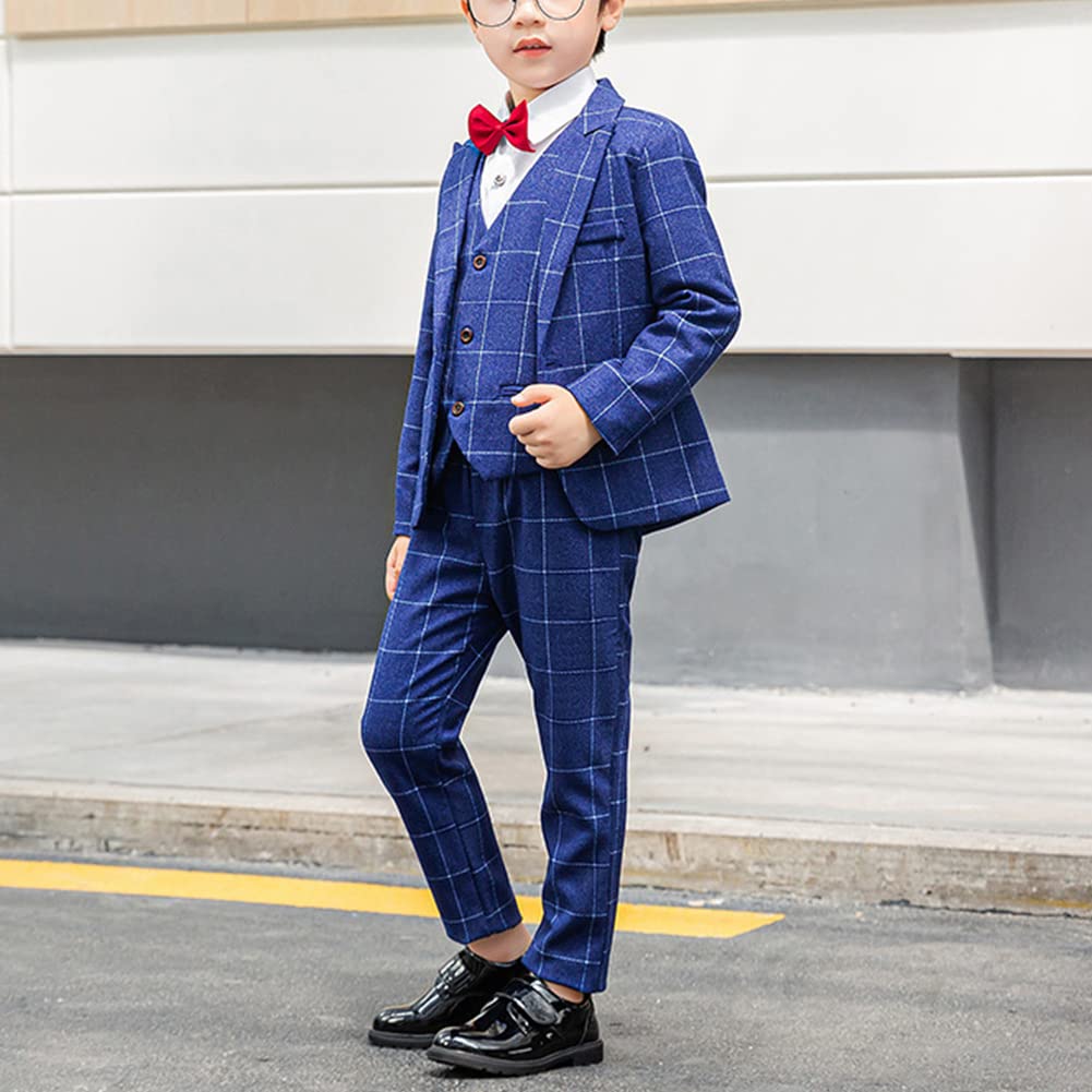 Traje de Boda para Niño,Trajes de Esmoquin de Caballeros para Fiesta Ceremonia Bautizo,Elegante Conjunto de 5 Piezas de Traje Formal a Cuadros Chaqueta+Chaleco+Camisa+Pajarita+Pantalones