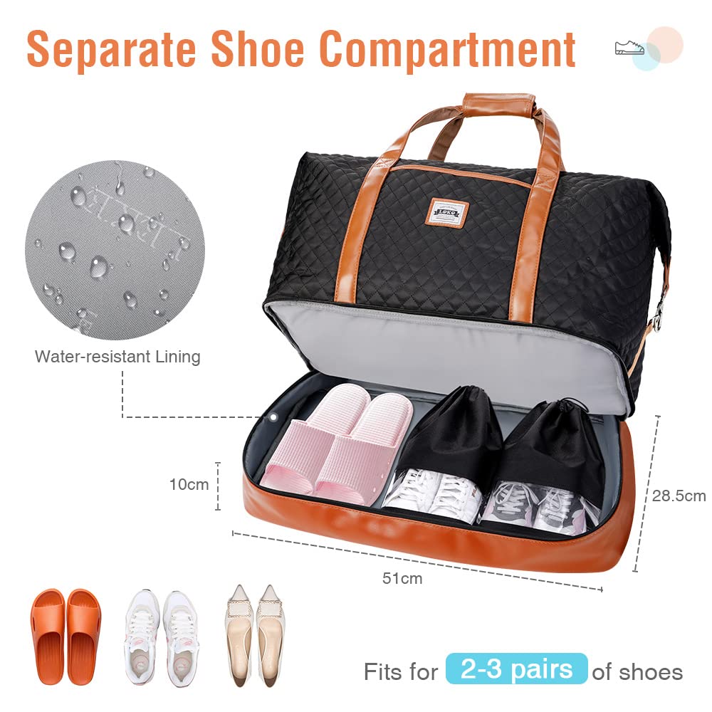 Lekesky Bolsa de viaje para mujer, bolsa de fin de semana con zapatos, bolsa de aseo, compartimento para zapatos, bolsa de fin de semana, bolsa de viaje, Acolchado negro, 50 L, Bolsa de viaje para