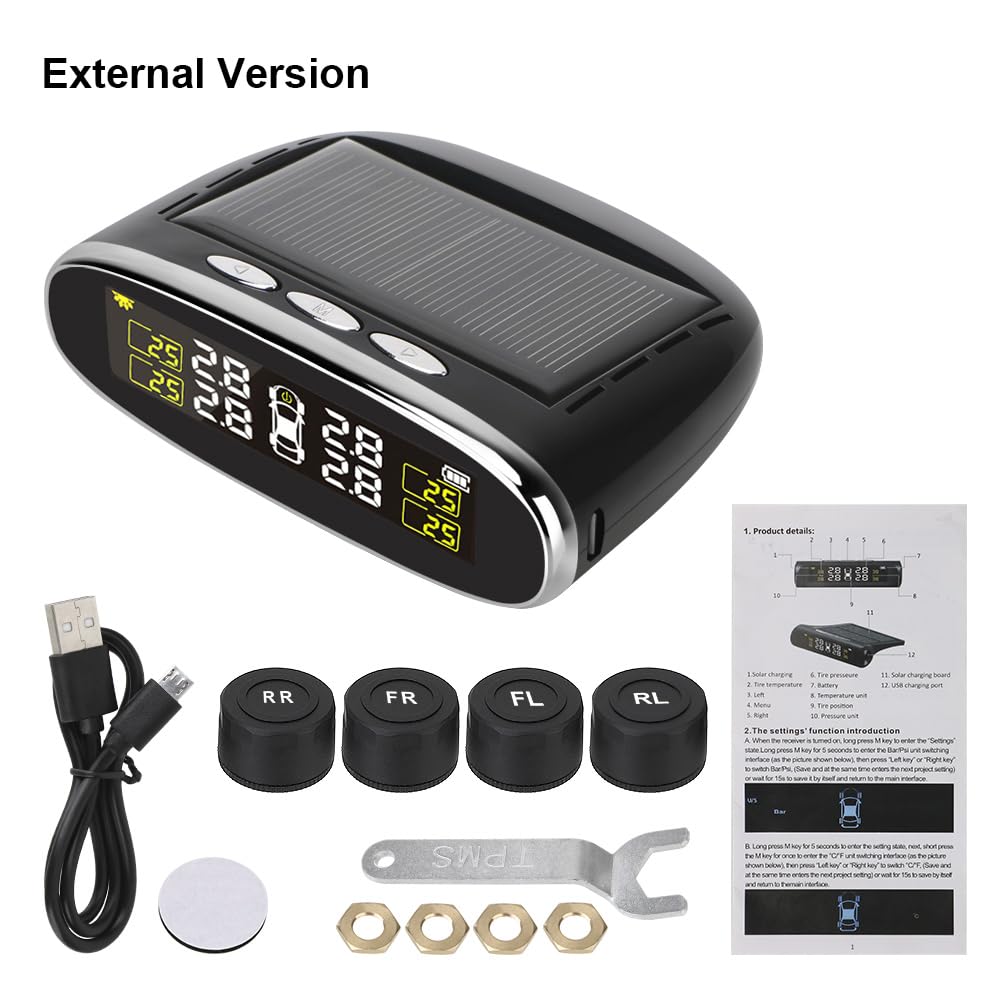 Tpms Sistema di monitoraggio della Pressione dei Pneumatici for Auto con Allarme di Temperatura a energia Solare con 4 sensori Interni/Esterni Pressione Pneumatici(External Sensor)