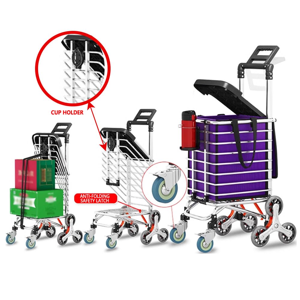 Treppensteiger Trolley mit Doppel Sicherheitsverriegelung, Robuster Klappbarer Transportwagen, 30mm Aluminium Rahmen & PU Räder für Einkäufe, Koffer und Logistik Purple Without Lid
