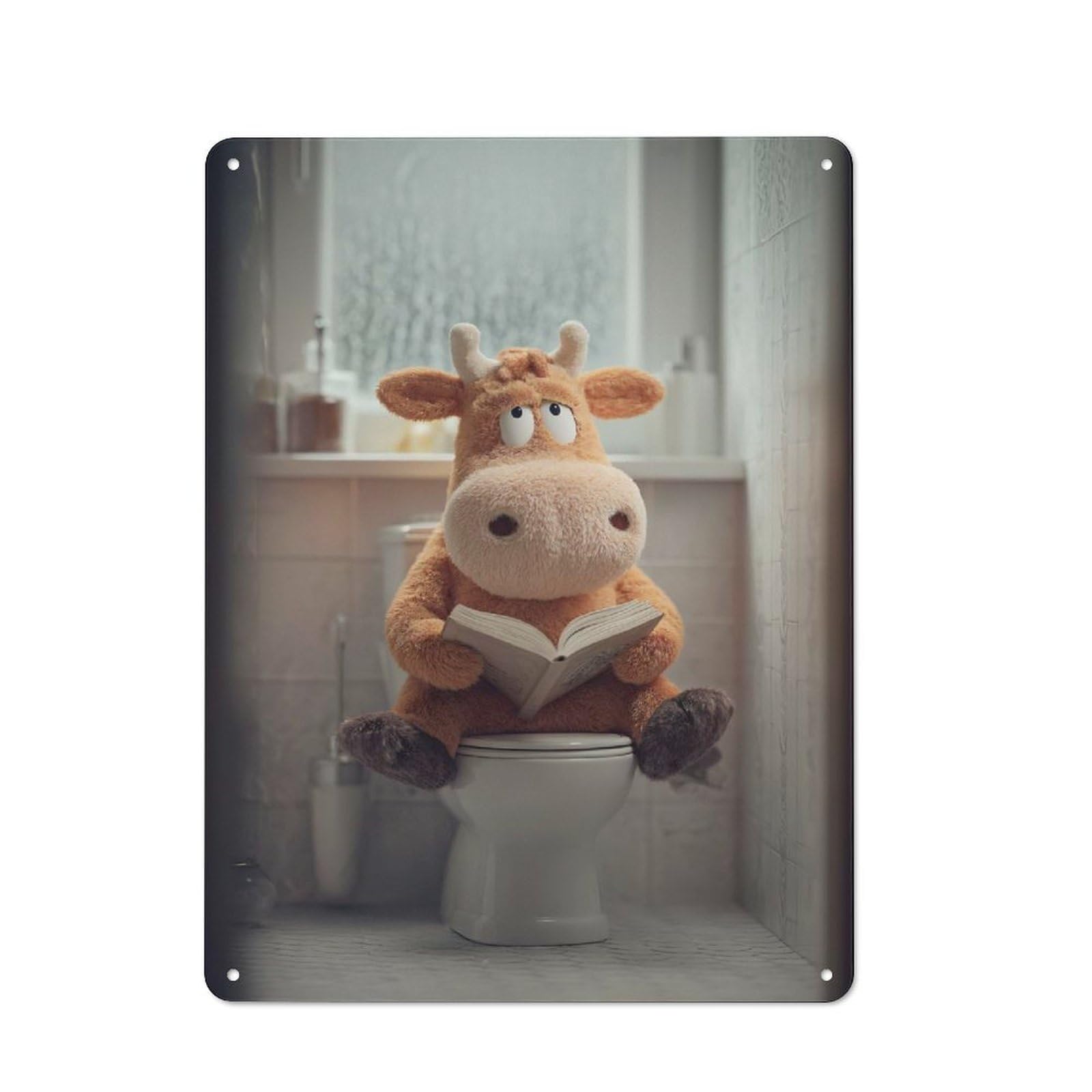 Junmoney Style Cow Plush Reading On Toilet Retro Metal Wall Decor 40X30cm, Decorative Tin Sign For Kitchen, Hallway, Bar Or Small Cafe
