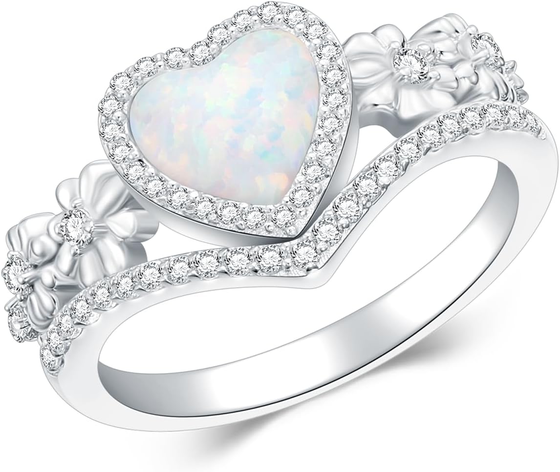 925 Sterling Silver Daisy Heart-Shaped Opal Ring with Cubic Zirconia,Flower Stacking Statement Wedding Band Ring for Women Jewelry Gifts for Her(Size 5-10)