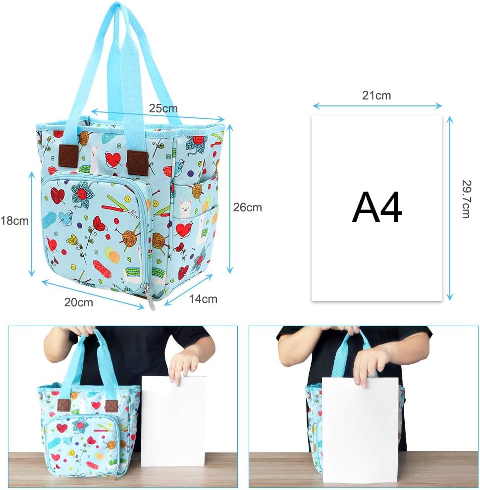 SumDirect Yarn Bag, Knitting Organizer Tote Bag Portable Storage Bag for Yarns, Carrying Projects, Knitting Needles, Crochet Hooks, Manuals and Other Accessories (Cute Blue)