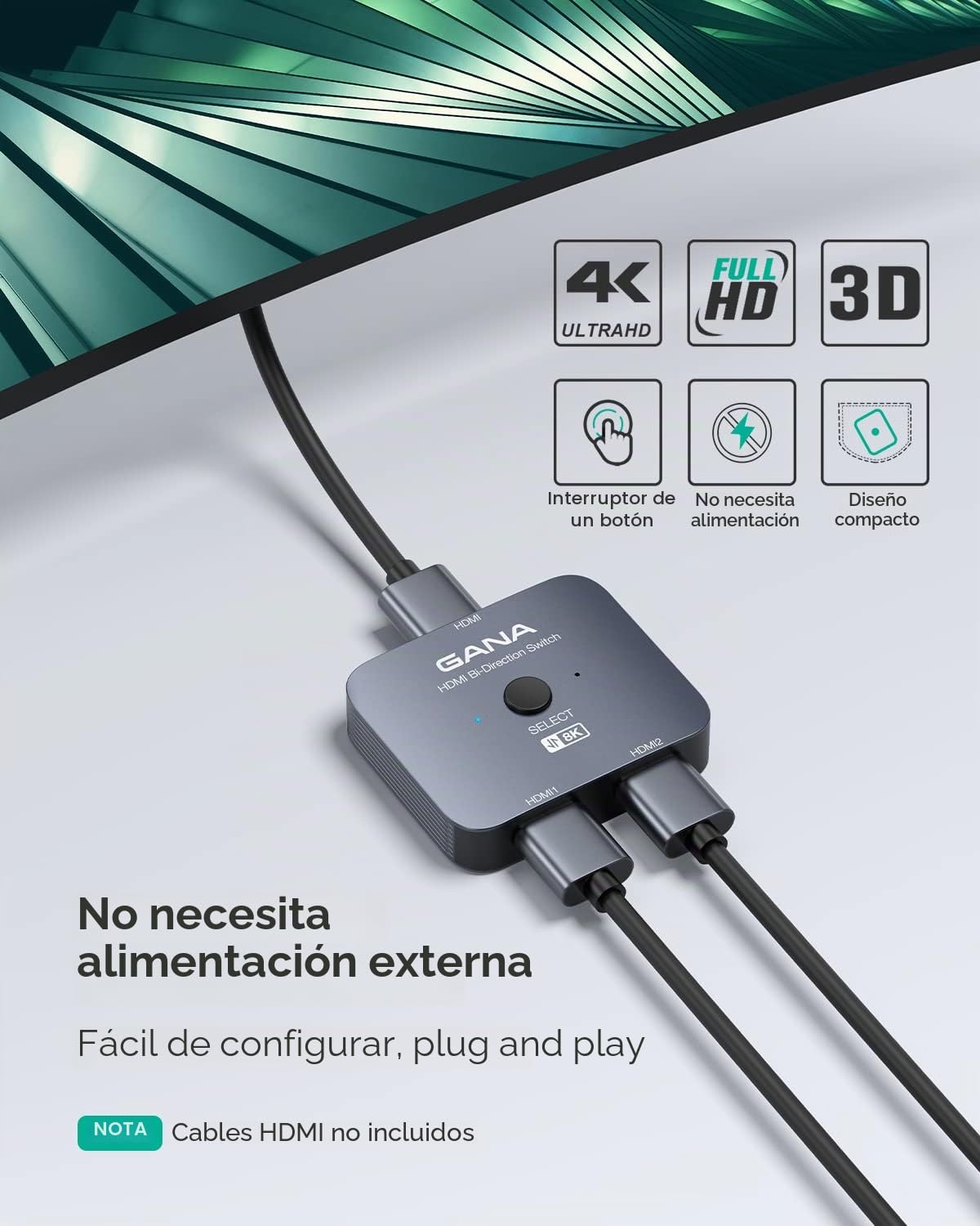 Divisor HDMI 8K @60Hz 4K @120Hz, GANA HDMI 2.1 Switch, Aluminio Bidireccional HDMI Switcher 2 en 1 Out o 1 In 2 Out HDMI Verteiler, HDMI Umschalter Unterstützt 8K 4K für PS5 HDTV Xbox