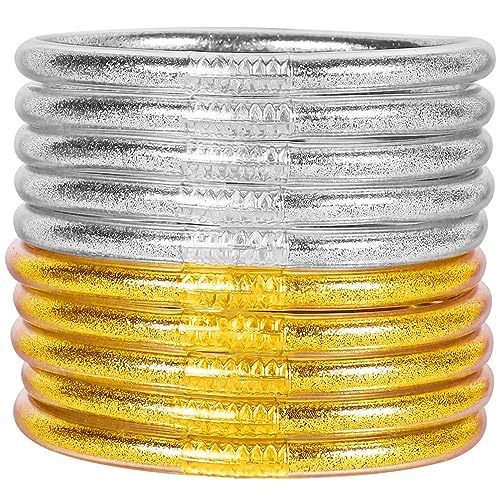Glitter Jelly Bangle Bracelet Set - Gold Powder Lining Fashion Jewelry - Lightweight Cute Bracelets for Women (5 Silver 5 Gold)