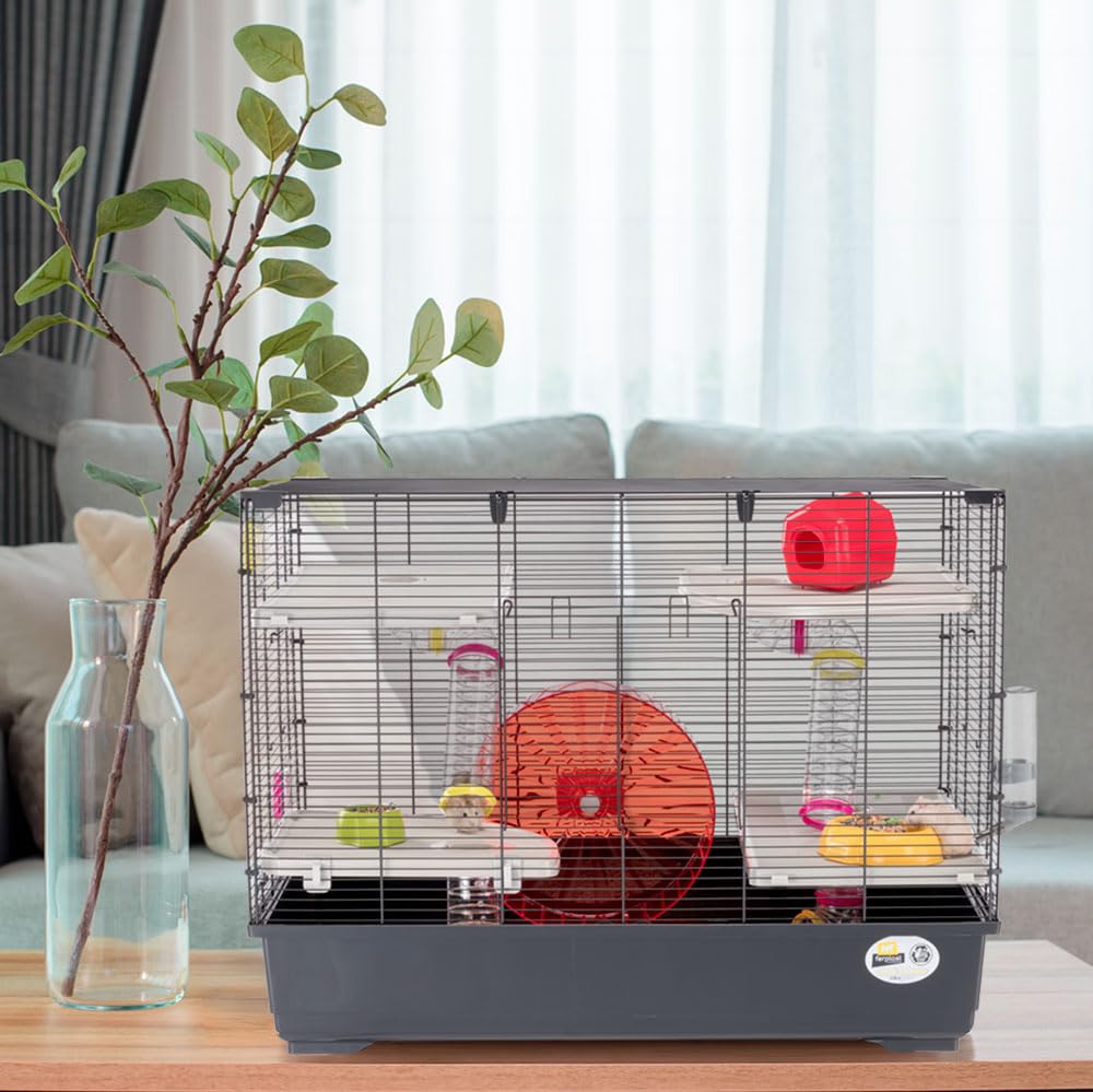 Ferplast Jaula Hámster Village 80, Jaula para Hámster de 5 Niveles con Casita y Bebedero, Túnel de Juegos para Hámster, Rueda Hamster, 82 x 51 x h 62 cm, en Metal Pintado y Plástico