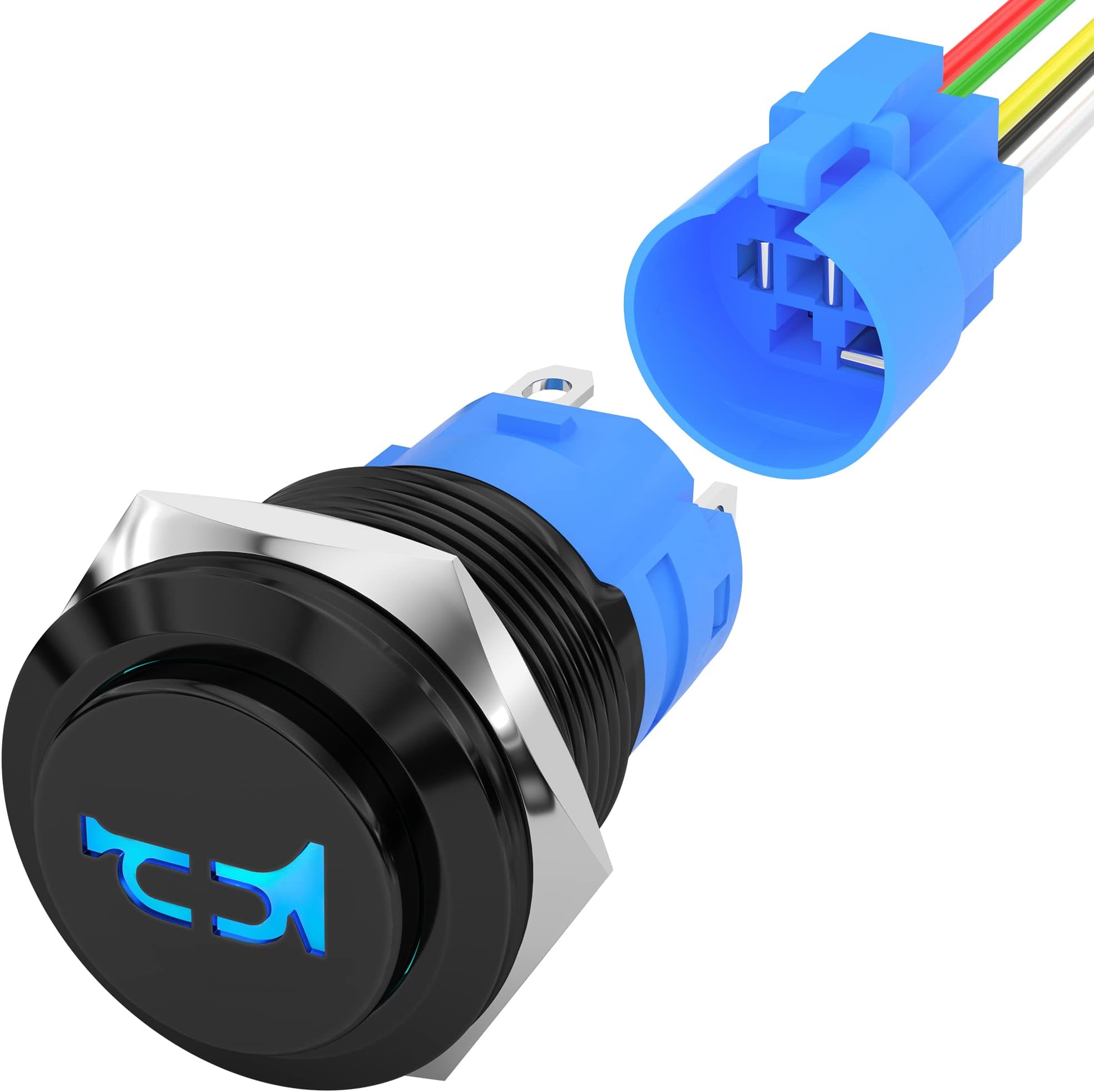 DaierTek Horn Button 12V Marine Horn Button 16MM Momentary Push Button Switch Stainless Steel Blue LED Lighted Speaker Horn Switch for Car Auto Marine Boat