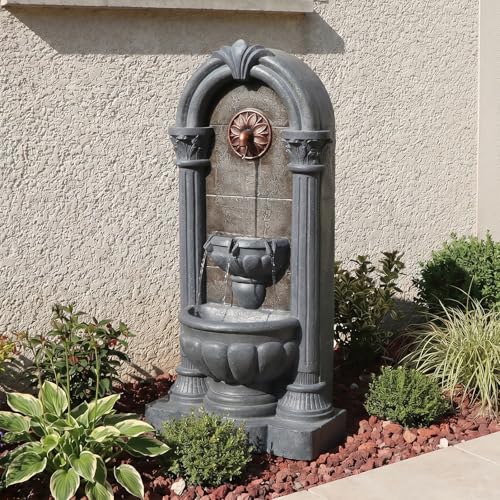 Image of 33.36 inch Outdoor Wall Fountain with LED Lights, Flat Back Water Fountain Outdoor Freestanding, Cascading Waterfall Feature for Patio Backyard Yard Garden Porch Courtyard