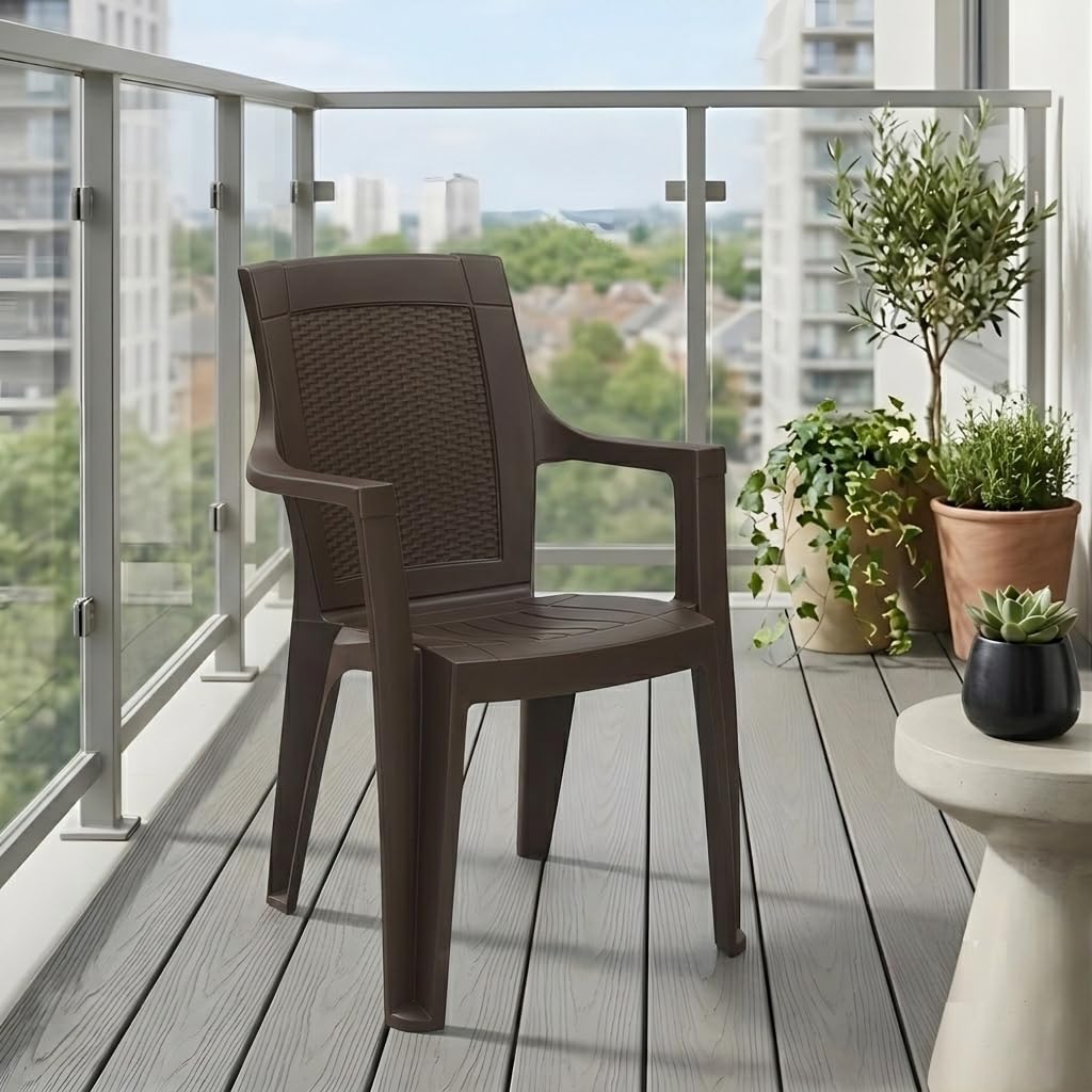 Nilkamal Mystique Plastic Chair with Armrest | 3 Year Warranty | Heavy Duty Chair for Home, Living Room, Dining, Balcony, Bedroom & Office | Stackable | Indoors & Outdoor | Season Rust Brown