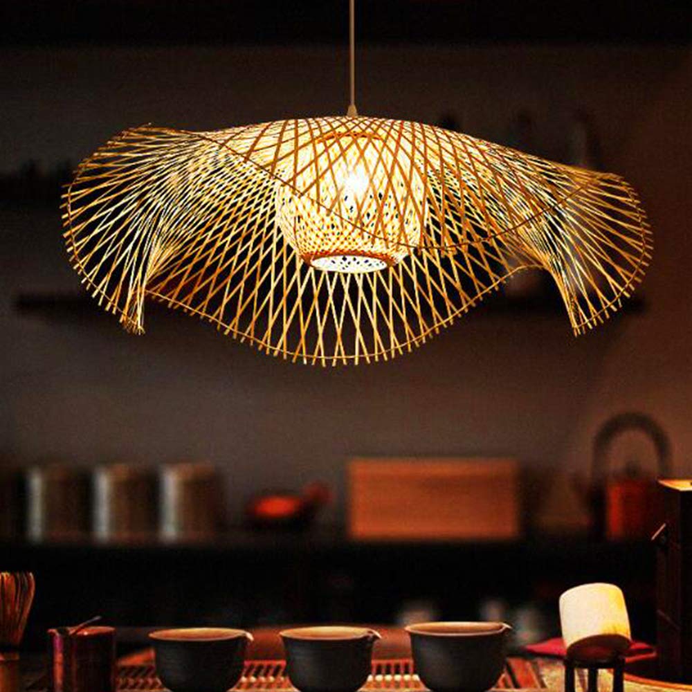 Plafonnier en Bambou Suspension Rétro E27 Lustre Rotin Naturel Éclairage Campagne Lampe Tissé à la Main pour Chambre Restaurant Salon Café Décoration Économie D'énergie,B,100cm