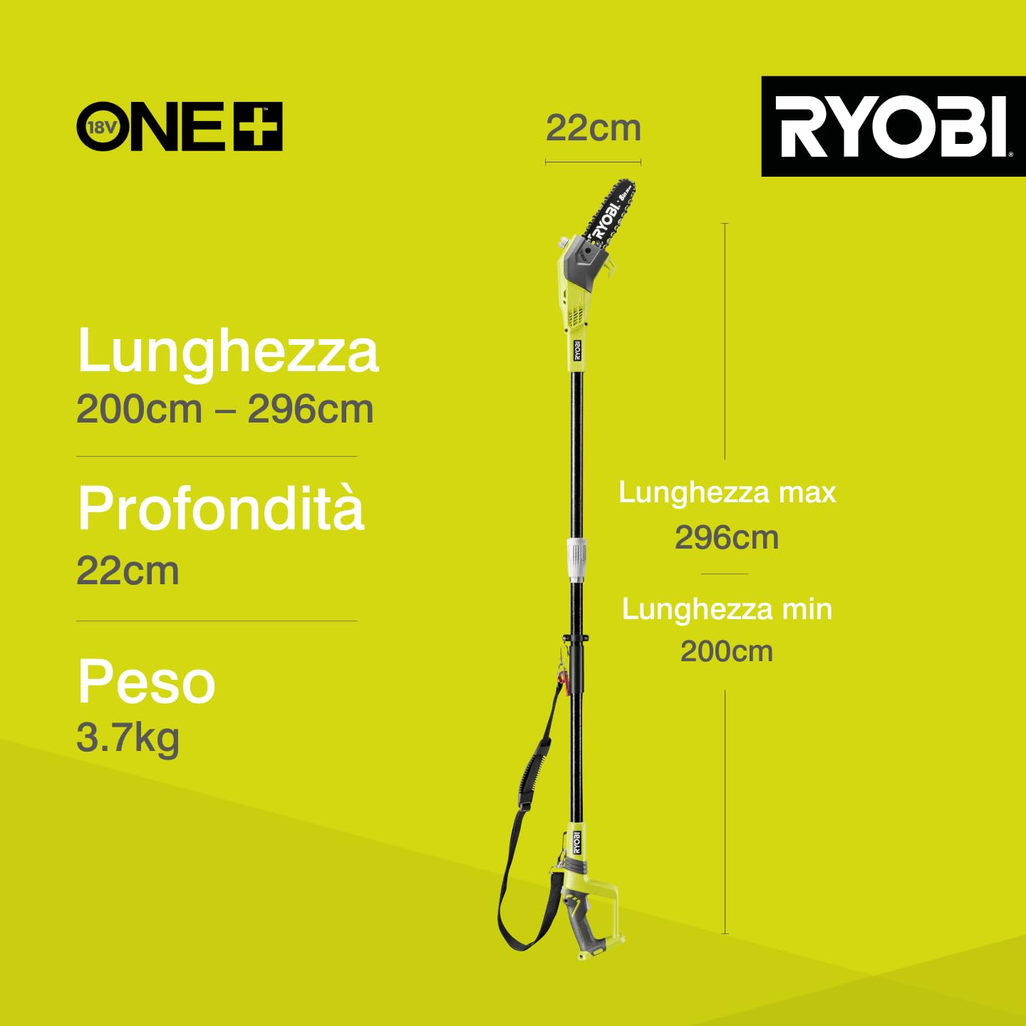 Ryobi OPP1820 Potatore a Batteria 18V ONE+, Impugnatura Ergonomica, Batteria Non Inclusa, Barra 20 cm, Velocità Catena 5,5 m/s