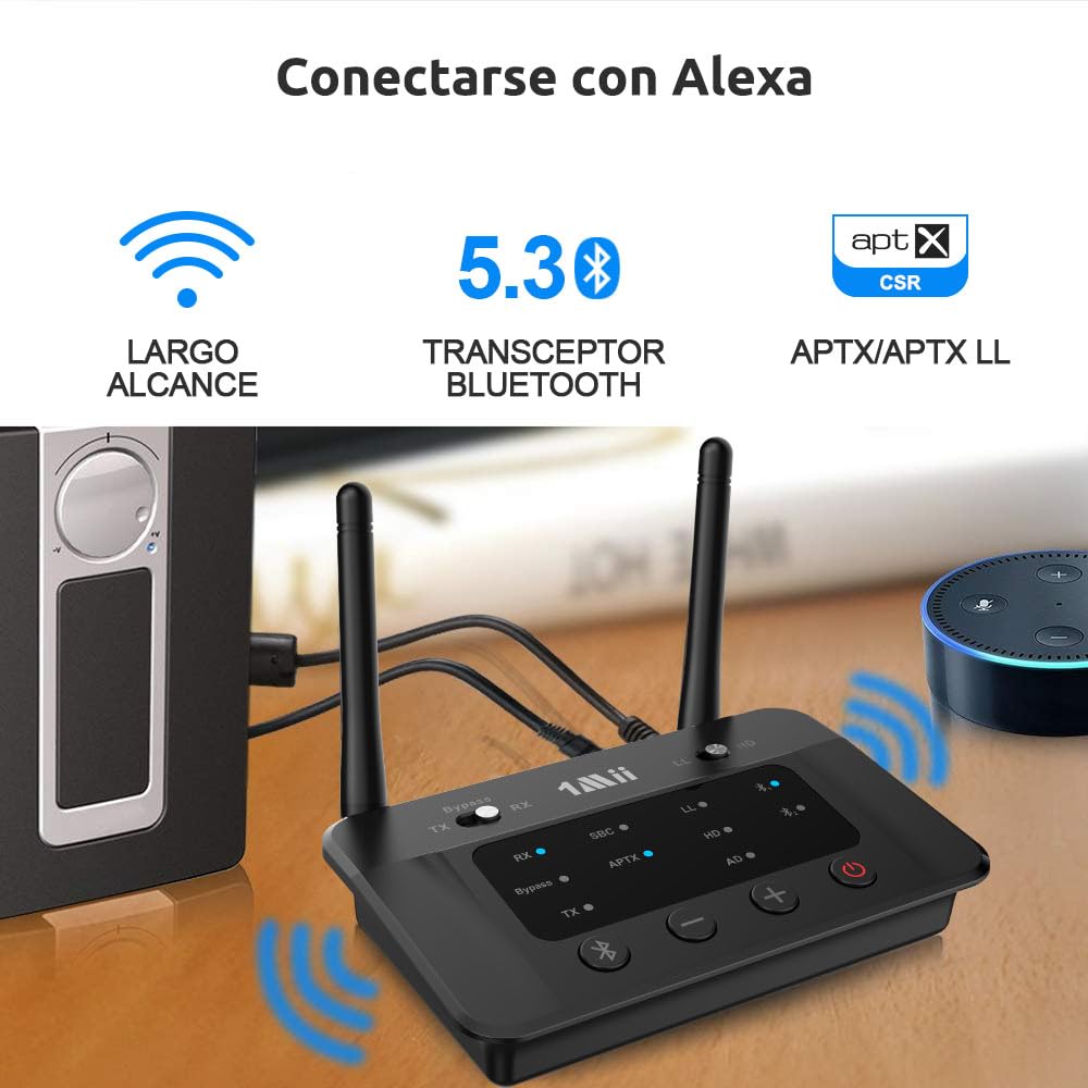 1Mii B03 Transmisor Receptor Bluetooth 5.3 para TV, Adaptador Emisor Audio Inalámbrico aptX LL HD, con Salida/Entrada Óptica/RCA/AUX, Doble Enlace a 2 Auriculares Bluetooth, Estéreo, Largo Alcance 70m