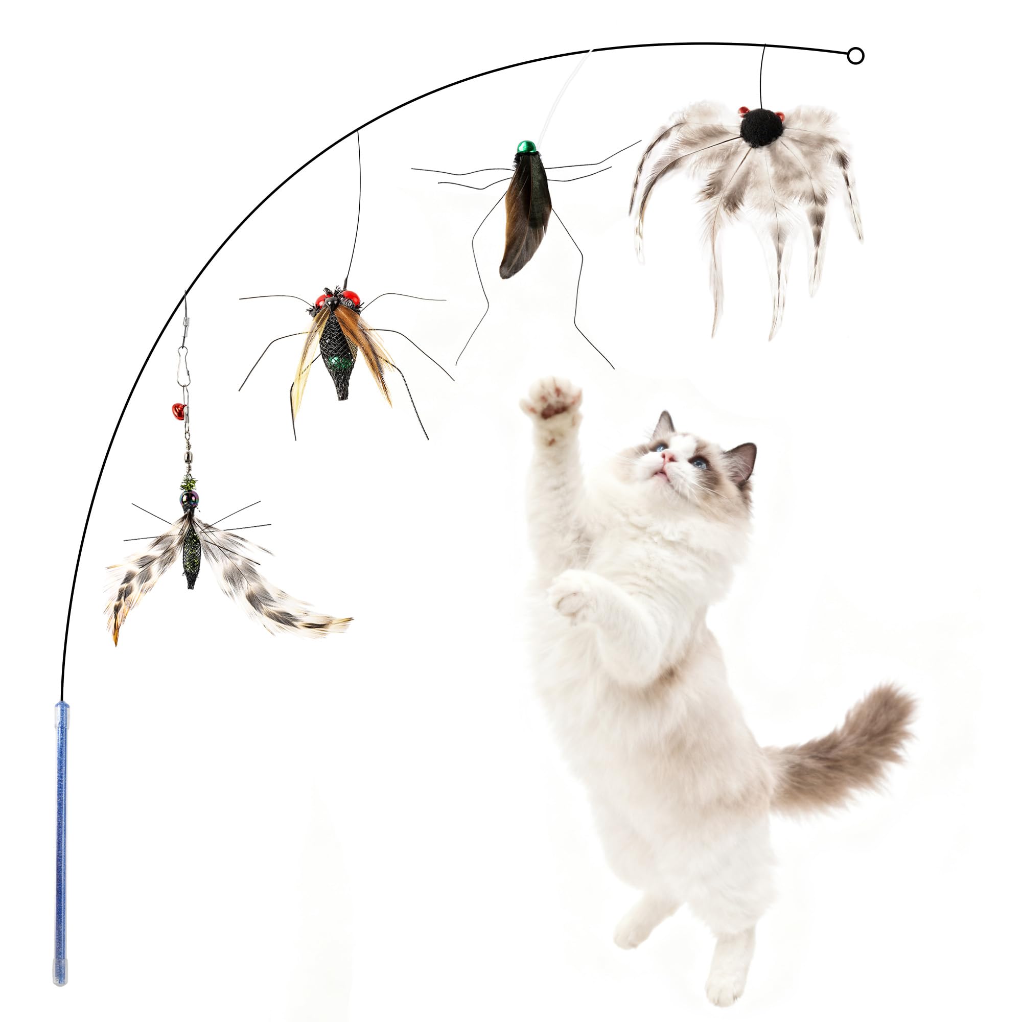 Juguetes de varita de plumas de insectos para gatos, varita de juguete interactiva para gatos con 4 recambios de insectos de simulación, juguetes naturales hechos a mano para gatos de interior