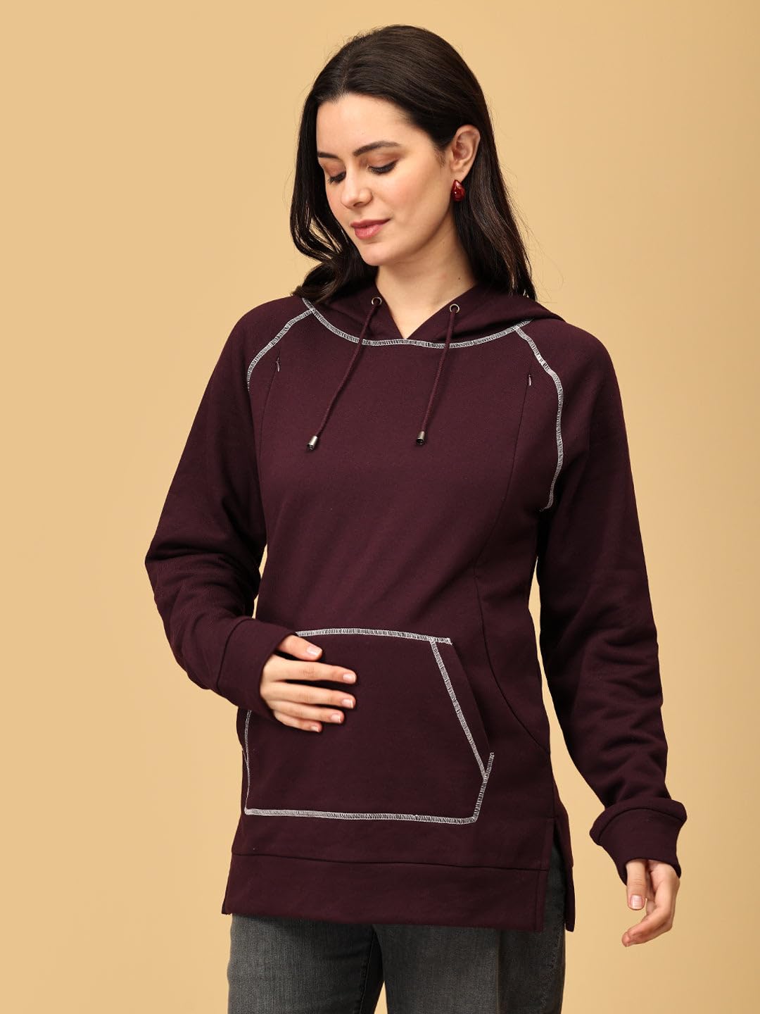 The Mom Store Women's Cotton Maternity and Nursing Hoodie | Breastfeeding Pre and Post Pregnancy Hooded Sweatshirt | Wine | L 3