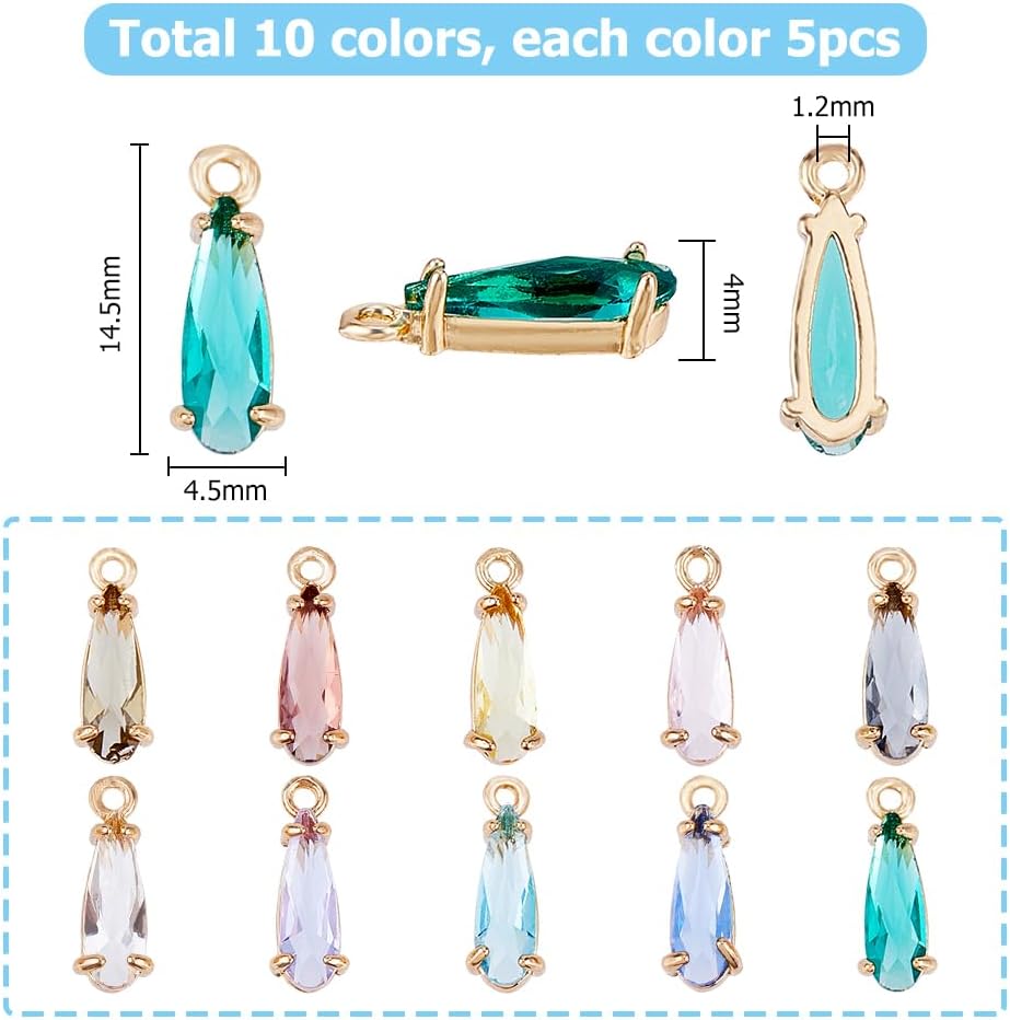 50pcs Faceted Glass Charms 10 Colors Teardrop Crystal Pendants Teardrop Beads Charms with Golden Brass Loops for Jewelry Making Necklace Bracelets Earrings Making DIY Crafts