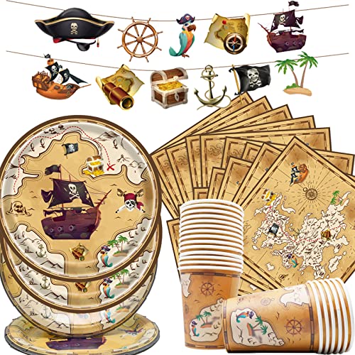 Doyomtoy Thème Pirate kit Décor de Fête Anniversaire Pirate Décoration Anniversaire,61 PCS Assiettes pour fête de petit pirate,Serviette en papier,Gobelet...