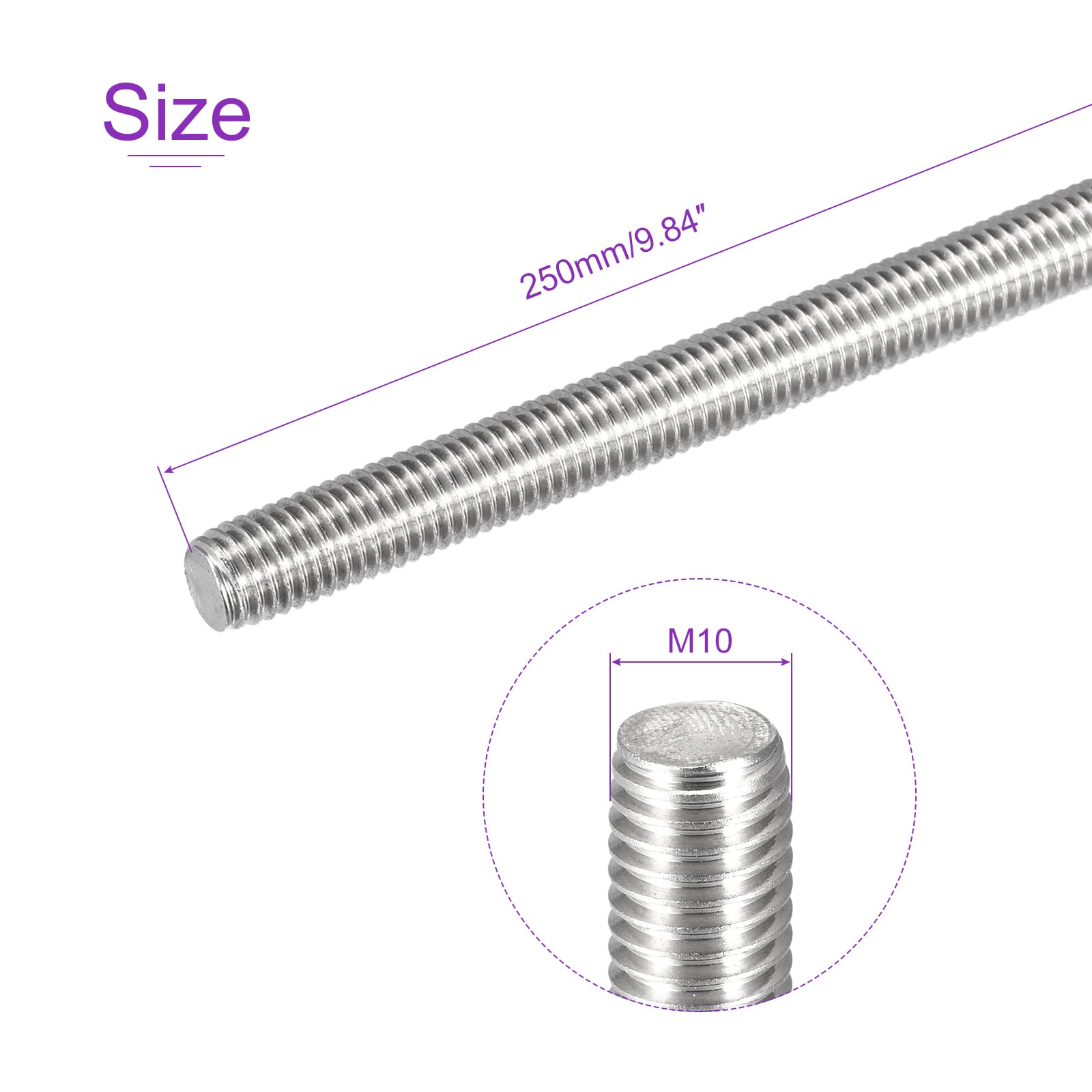 DMiotech M10x250mm Fully Threaded Rod 304 Stainless Steel Right Hand Threads Rod - Image 3