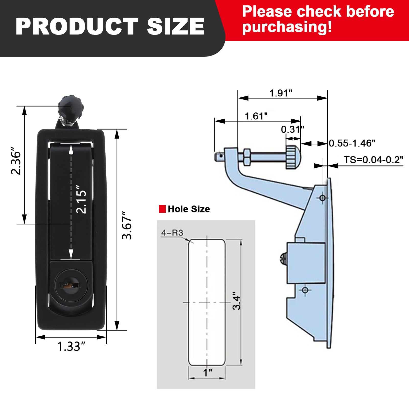 Southco E3-11-15 Series Vise Action Powder Coated Zinc Alloy Hand Operated Compression Latch with T-Handle Head, Non-Locking, 0.71